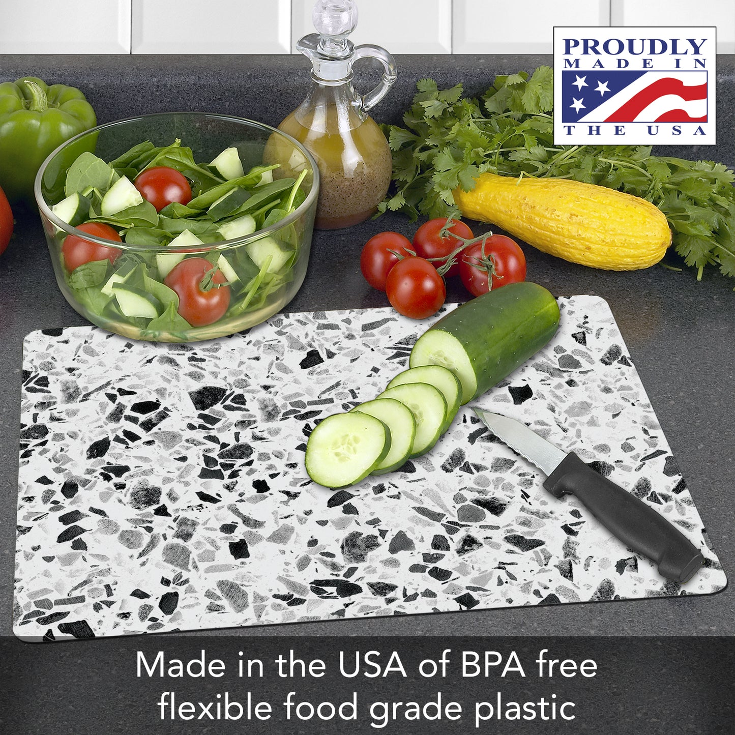Cut N' Funnel Terrazzo Designer Flexible Plastic Cutting Board Mat 15" x 11.5", Made in the USA, Decorative, Flexible, Easy to Clean