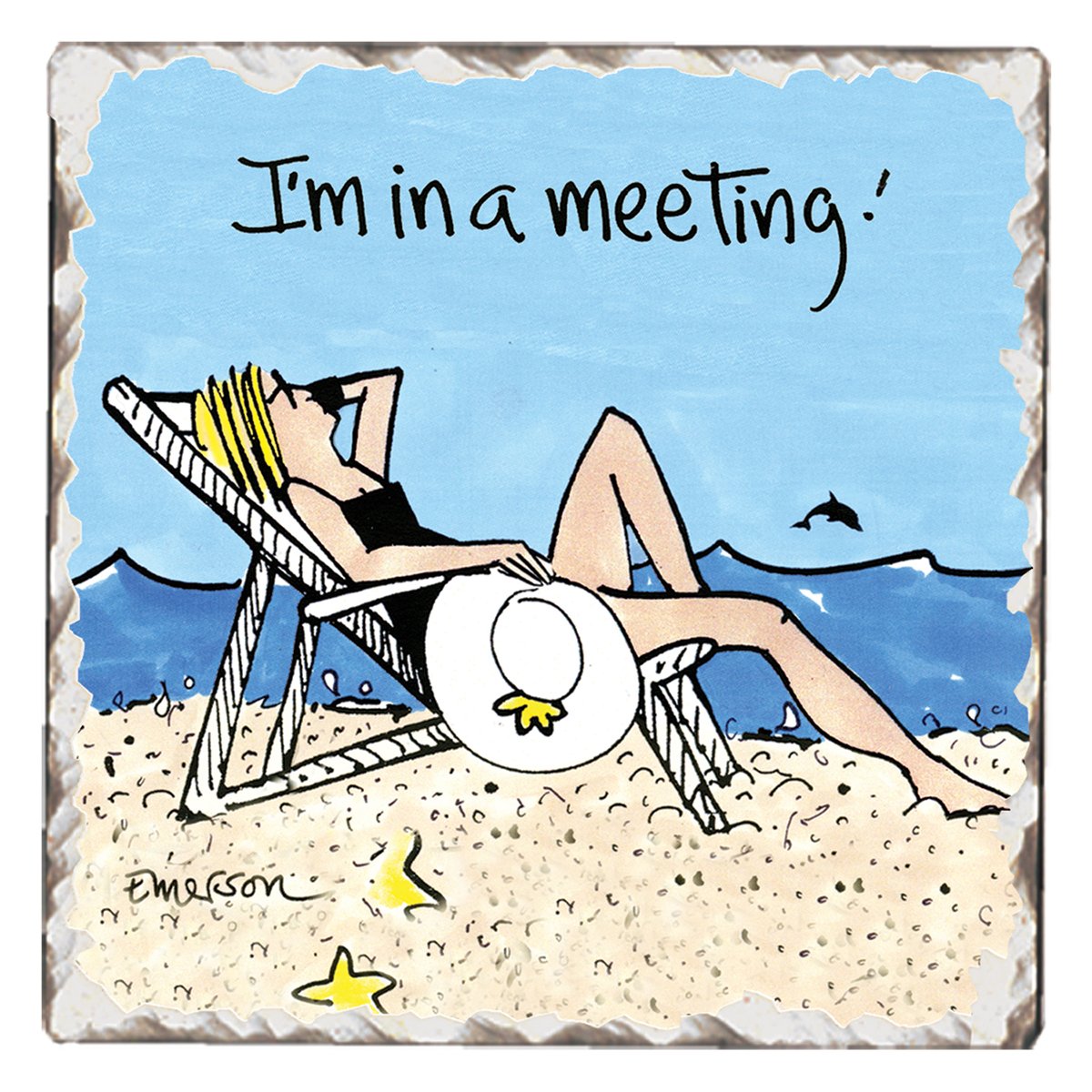 Thirstystone In a Meeting Single Tumbled Tile Stone Coaster with Protective Cork Backing Manufactured in The USA 4" Square, Colorful, Artistiic, Easily Wipes Clean