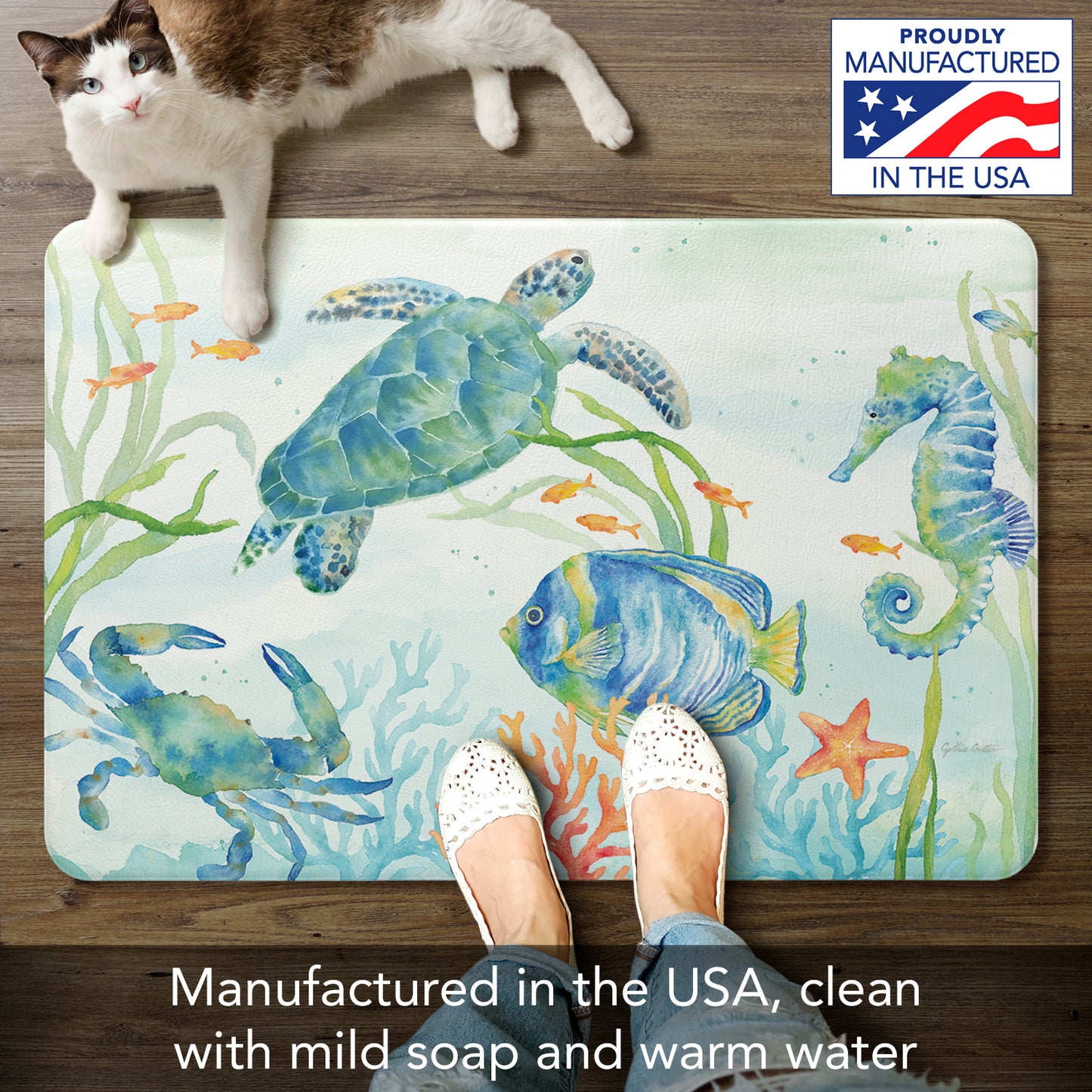 Counterart Sea Life Serenade 30” x 20” Decorative Vinyl Comfort Floor Mat, Manufactured in The USA, Waterproof, Reduces Muscle Fatigue, Easily Wipes Clean