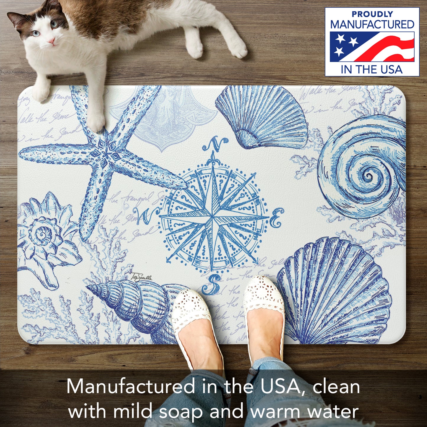 CounterArt Coastal Sketch 30” x 20” Decorative Vinyl Comfort Floor Mat, Manufactured in The USA, Waterproof, Reduces Muscle Fatigue, Easily Wipes Clean