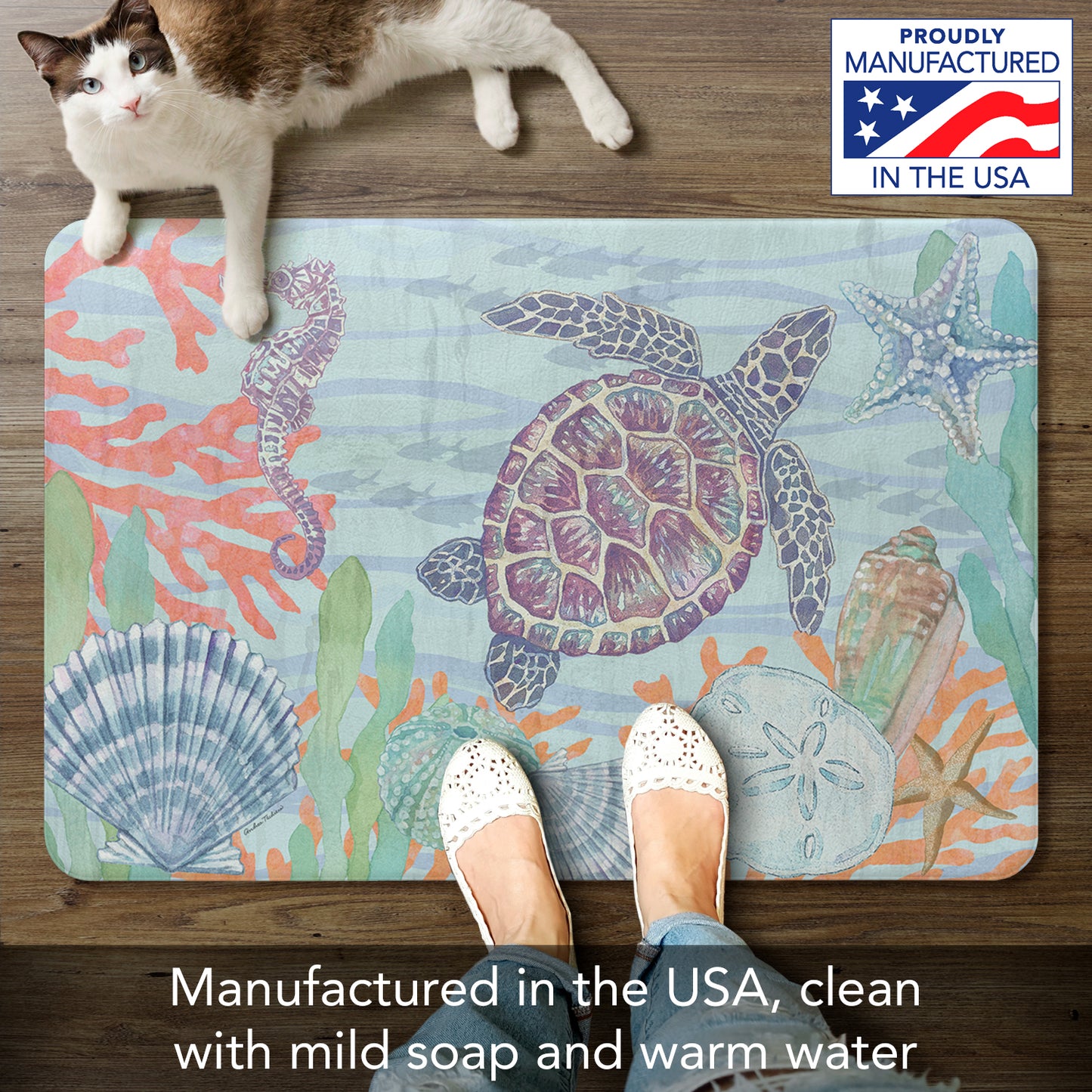 CounterArt Salt & Sea Turtle 30” x 20” Decorative Vinyl Comfort Floor Mat, Manufactured in The USA, Waterproof, Reduces Muscle Fatigue, Easily Wipes Clean