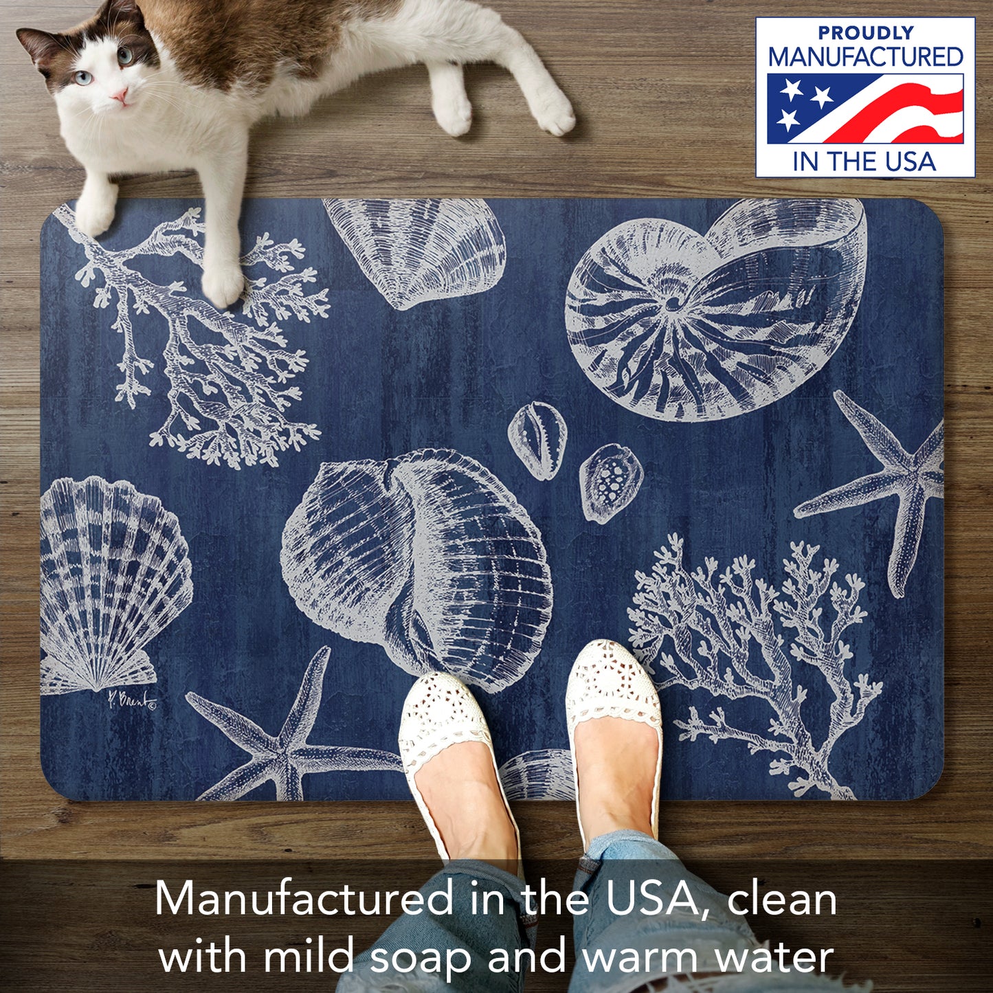 CounterArt St Tropez Shells 30” x 20” Decorative Vinyl Comfort Floor Mat, Manufactured in The USA, Waterproof, Reduces Muscle Fatigue, Easily Wipes Clean