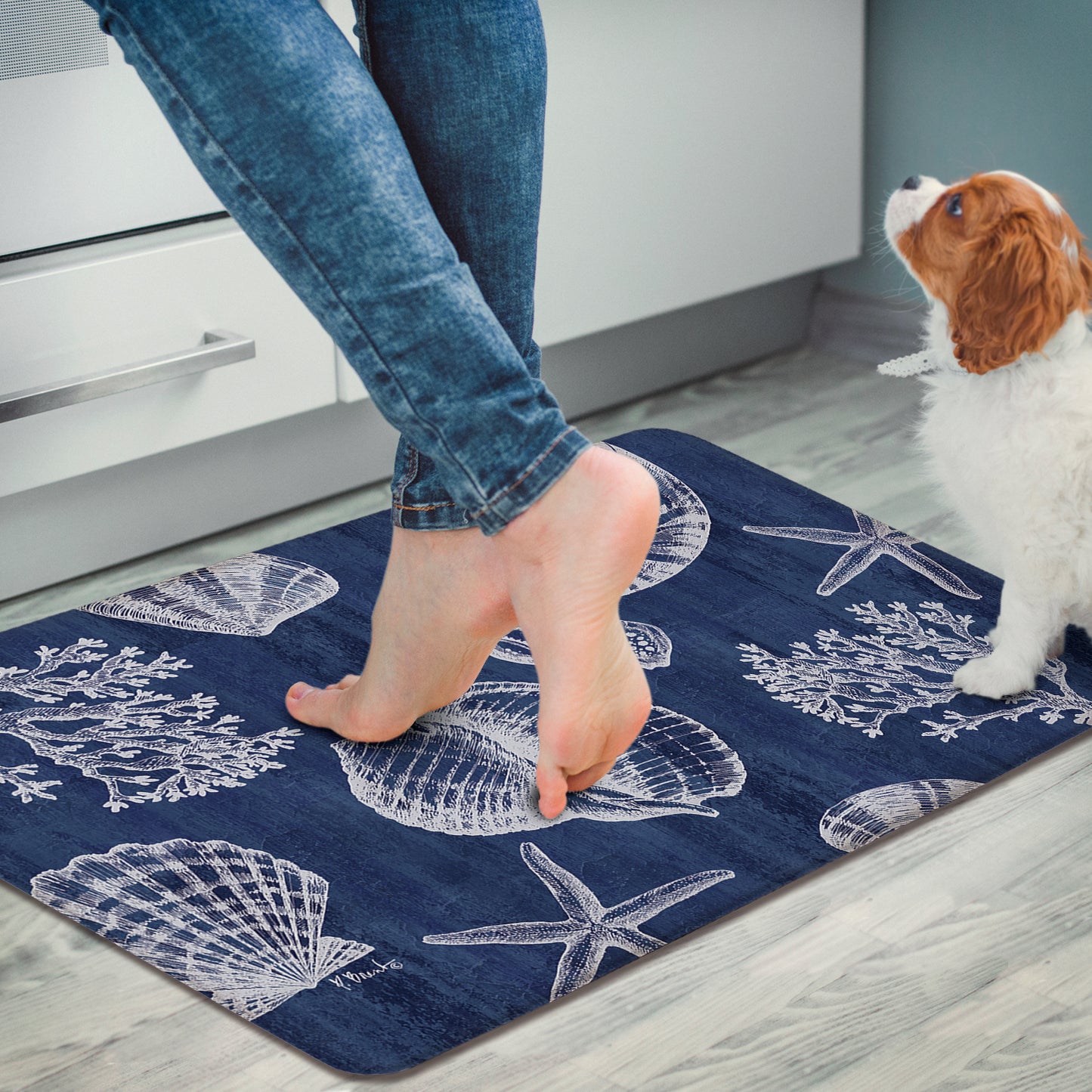 CounterArt St Tropez Shells 30” x 20” Decorative Vinyl Comfort Floor Mat, Manufactured in The USA, Waterproof, Reduces Muscle Fatigue, Easily Wipes Clean
