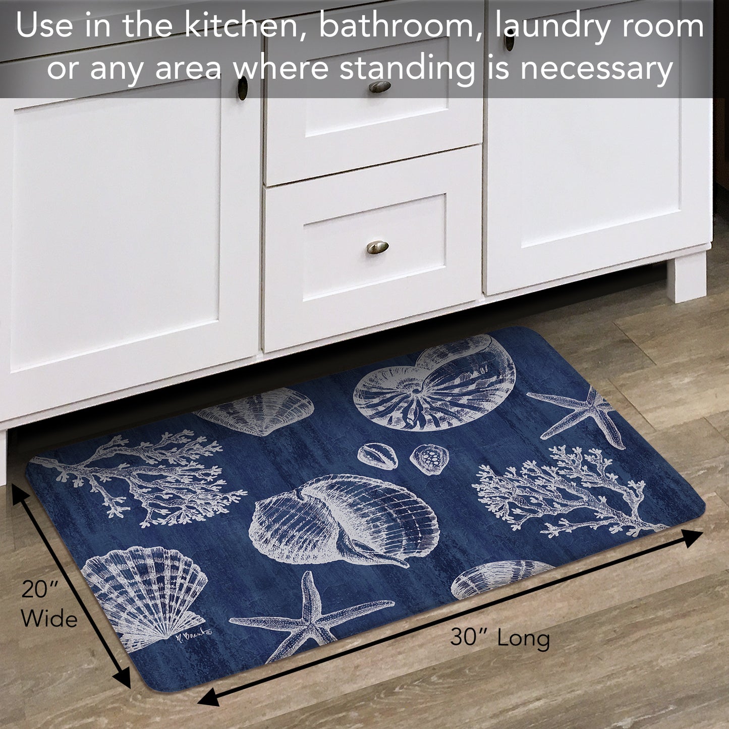CounterArt St Tropez Shells 30” x 20” Decorative Vinyl Comfort Floor Mat, Manufactured in The USA, Waterproof, Reduces Muscle Fatigue, Easily Wipes Clean