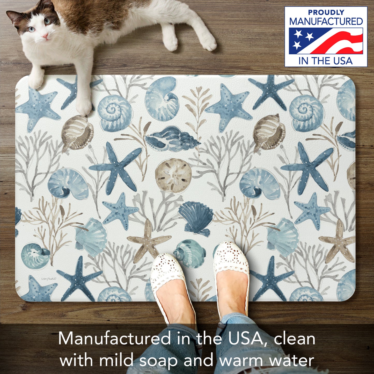 CounterArt Blue Shells 30” x 20” Decorative Vinyl Floor Mat Manufactured in The USA Waterproof Easy to Clean Textured Vinyl Backing