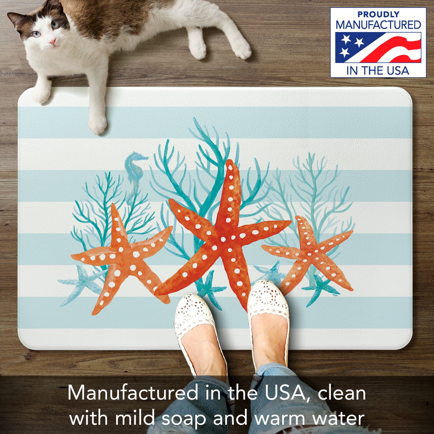 Counterart Starfish Stripe 30” x 20” Decorative Vinyl Comfort Floor Mat Manufactured in The USA, Waterproof, Reduces Muscle Fatigue, Easy to Clean
