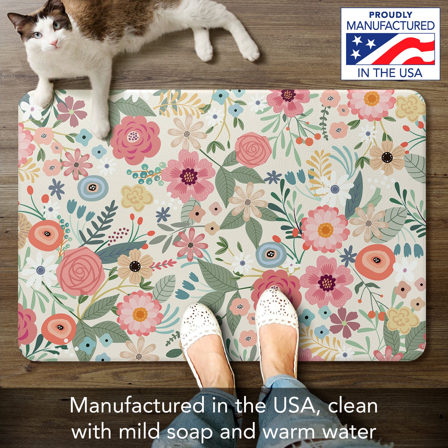 CounterArt Floral Frenzy 30” x 20” Decorative Vinyl Comfort Floor Mat Manufactured in The USA, Waterproof, Reduces Muscle Fatigue, Easy to Clean