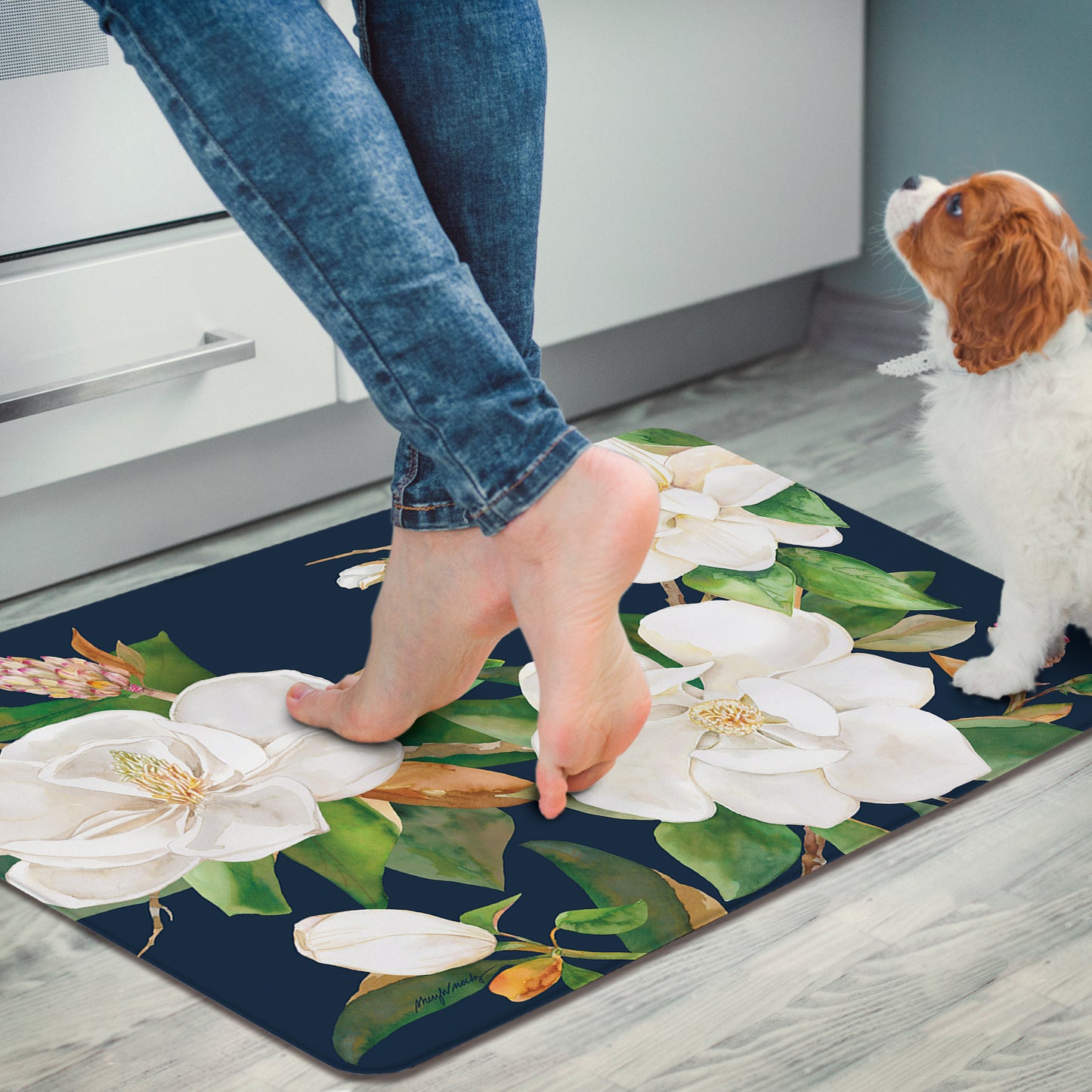 CounterArt Magnolia Motif 30” x 20” Decorative Vinyl Comfort Floor Mat Manufactured in The USA, Waterproof, Reduces Muscle Fatigue, Easy to Clean