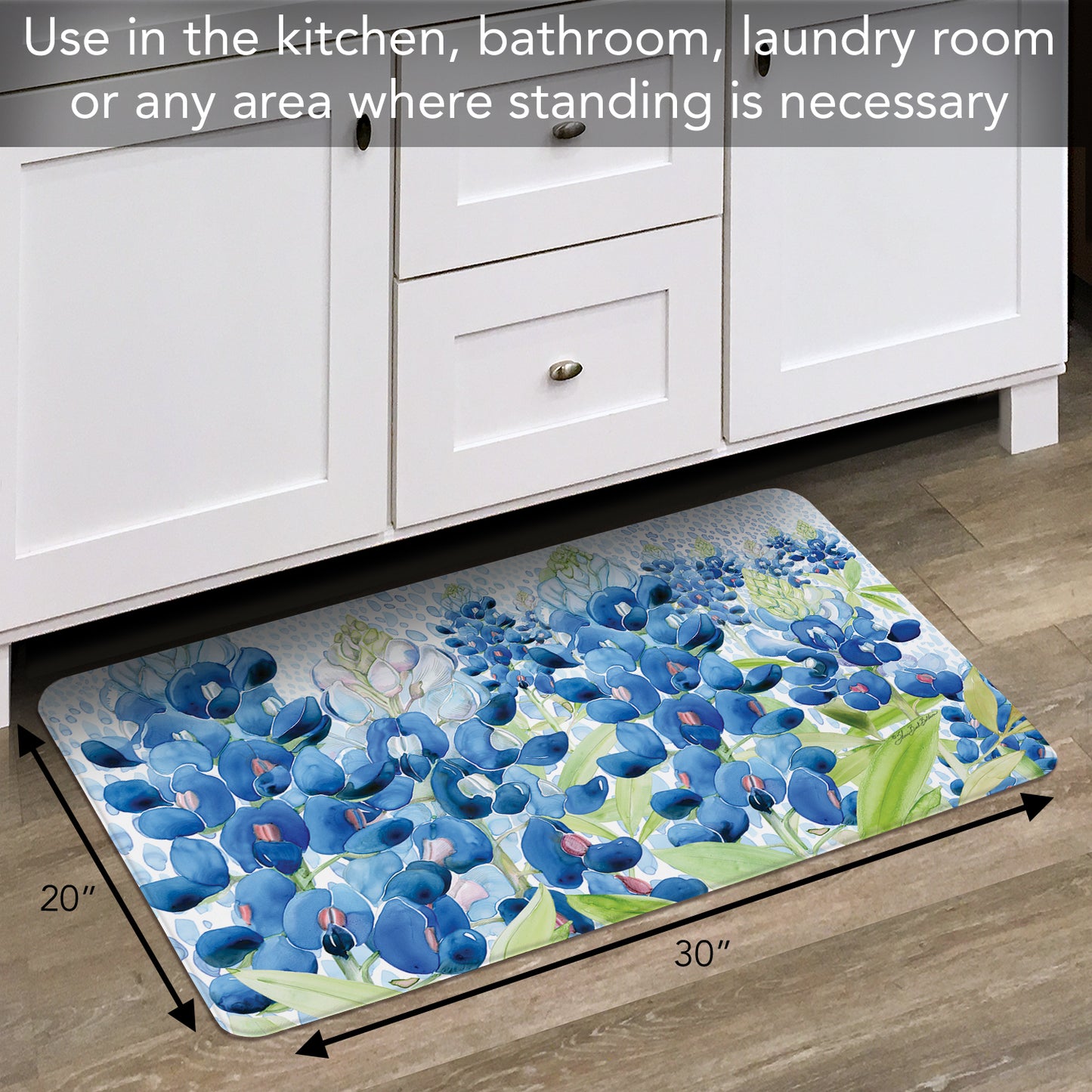 Highland Home Bluebonnet Field 30” x 20” Decorative Vinyl Comfort Floor Mat Manufactured in The USA, Waterproof, Easy to Clean