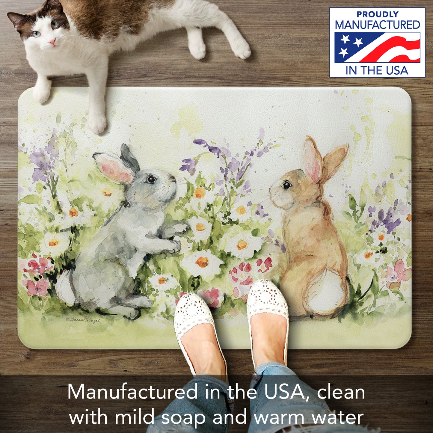 Highland Home Garden Bunnies 30” x 20” Decorative Vinyl Comfort Floor Mat Manufactured in The USA, Waterproof, Easy to Clean