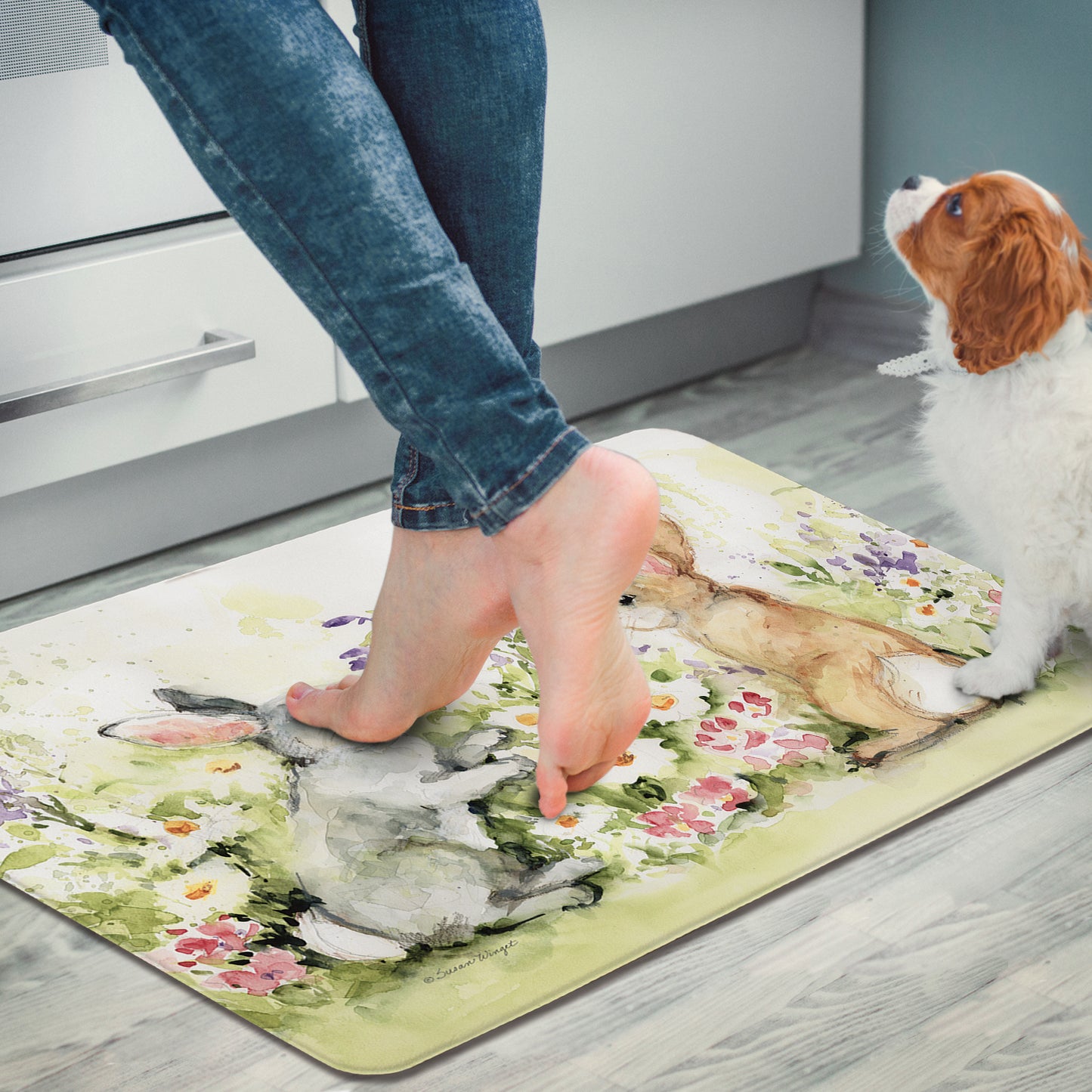 Highland Home Garden Bunnies 30” x 20” Decorative Vinyl Comfort Floor Mat Manufactured in The USA, Waterproof, Easy to Clean