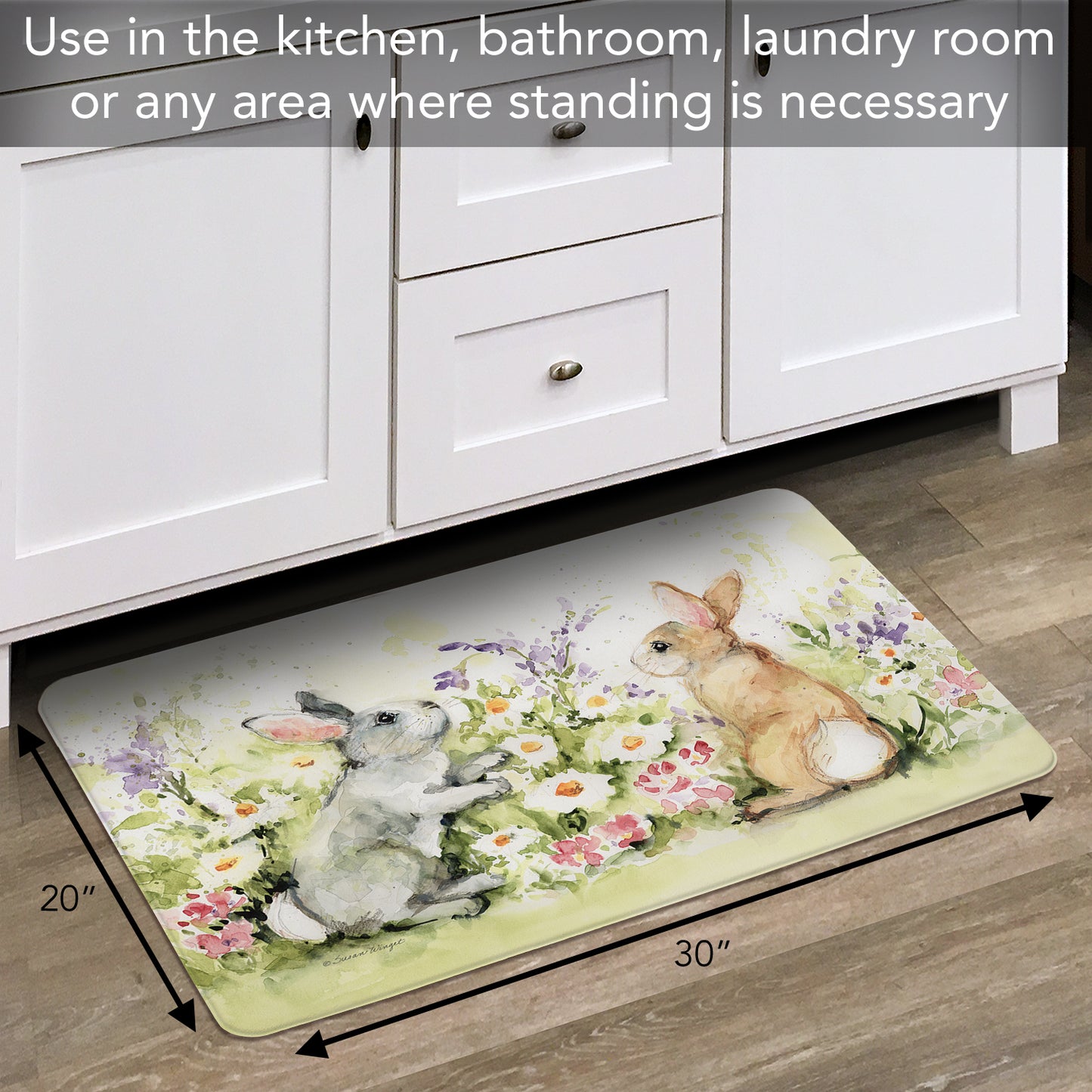 Highland Home Garden Bunnies 30” x 20” Decorative Vinyl Comfort Floor Mat Manufactured in The USA, Waterproof, Easy to Clean
