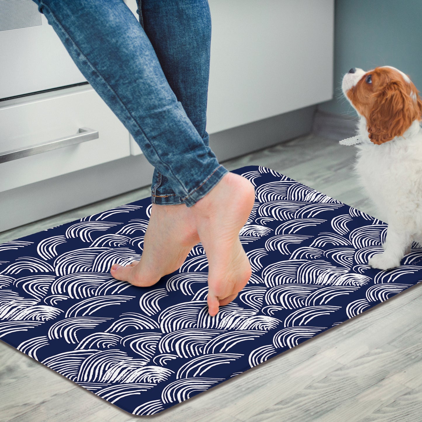 Highland Home Indigo Waves 30” x 20” Decorative Vinyl Comfort Floor Mat Manufactured in The USA, Waterproof, Easy to Clean