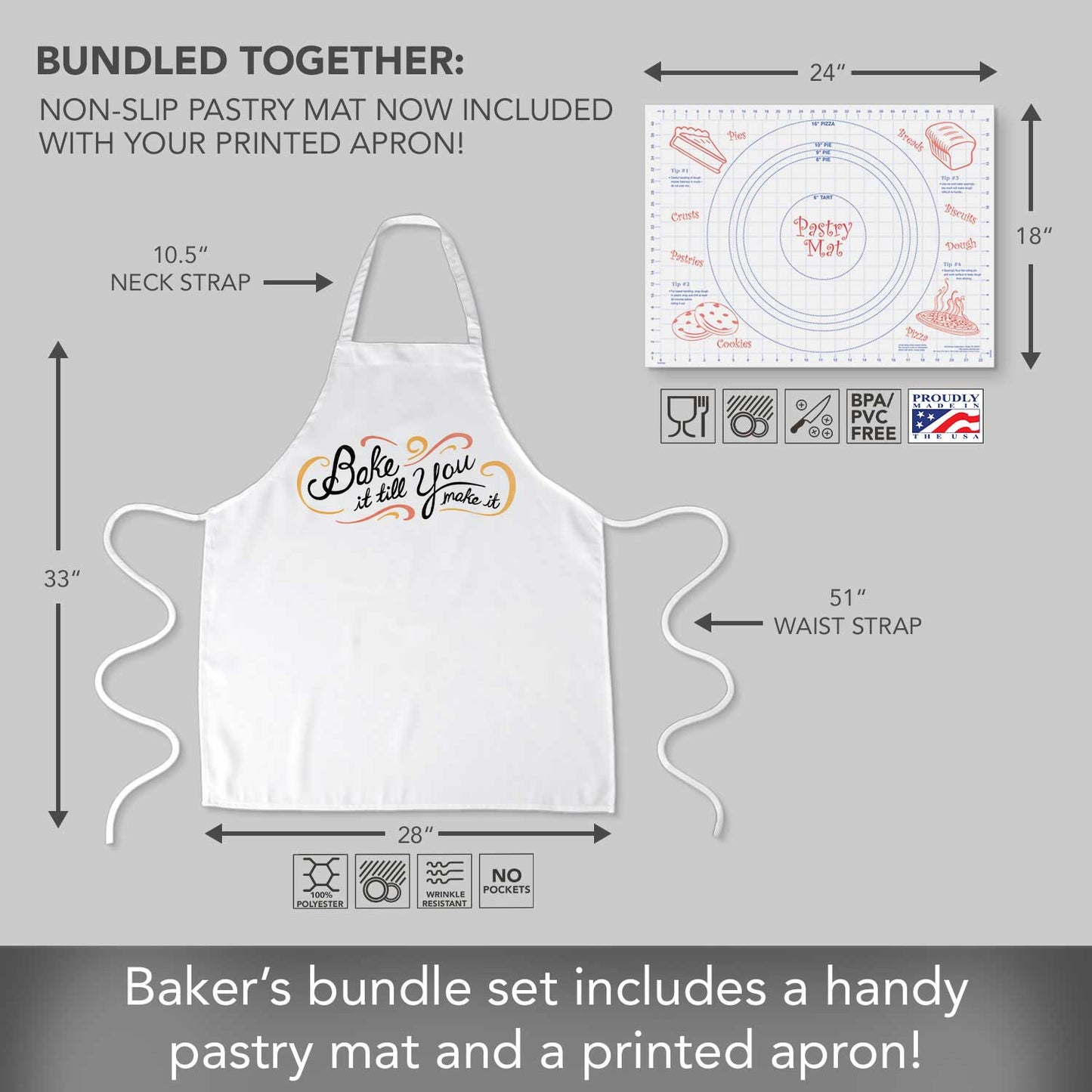 Counterart Grab Life Chef Apron & 24" x 18" Pastry Mat BPA & PVC Free Plastic with Grid Markings for Tarts, Pies, & Pizzas