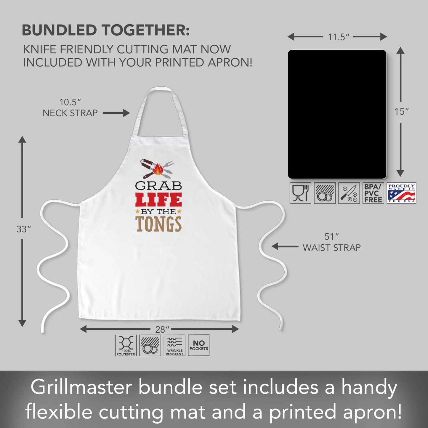 Counterart Grab Life Chef Apron with 2-Pack Black Cutting Board Mats BPA & PVC Free Flexible Plastic