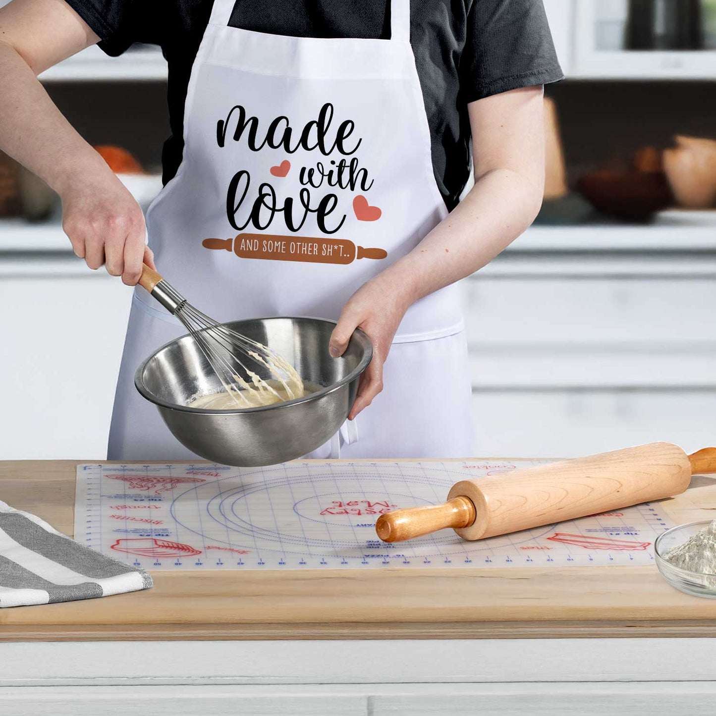 Counterart Made With Love Chef Apron & 24" x 18" Pastry Mat BPA & PVC Free Plastic with Grid Markings for Tarts, Pies, & Pizzas