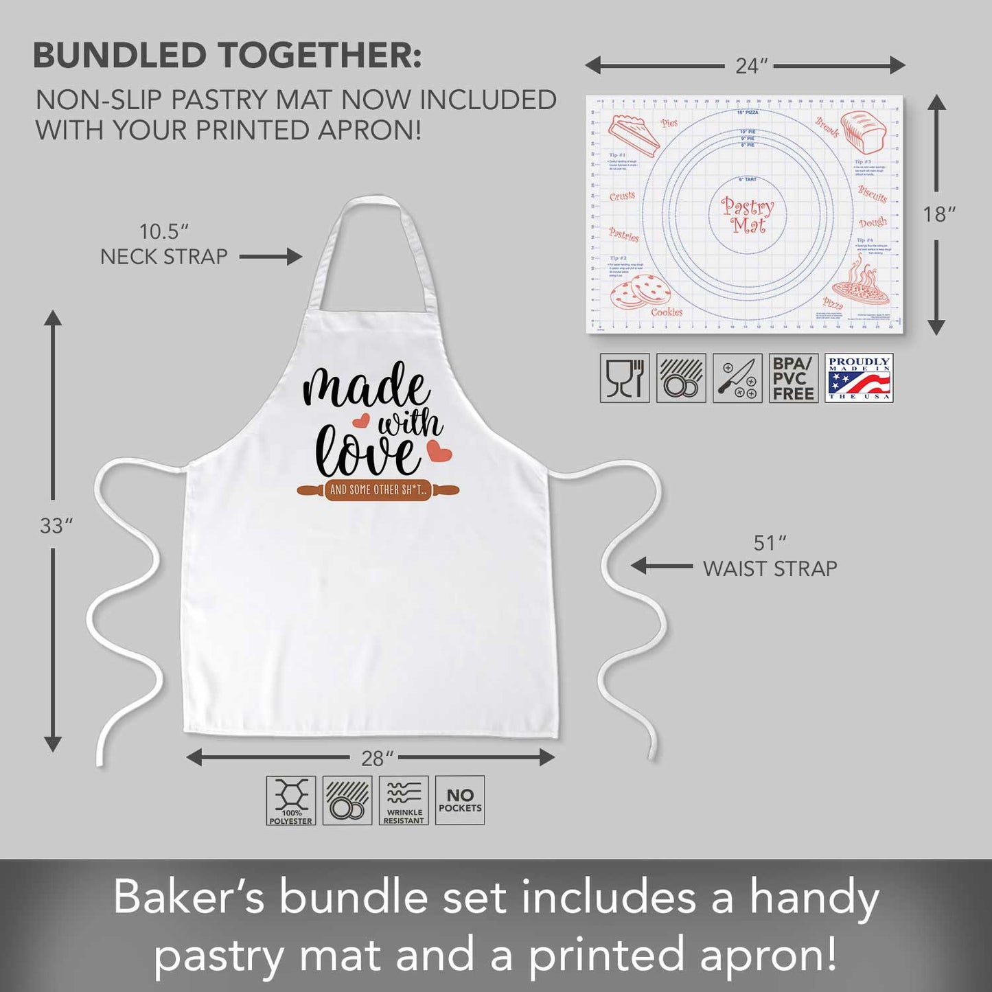Counterart Made With Love Chef Apron & 24" x 18" Pastry Mat BPA & PVC Free Plastic with Grid Markings for Tarts, Pies, & Pizzas