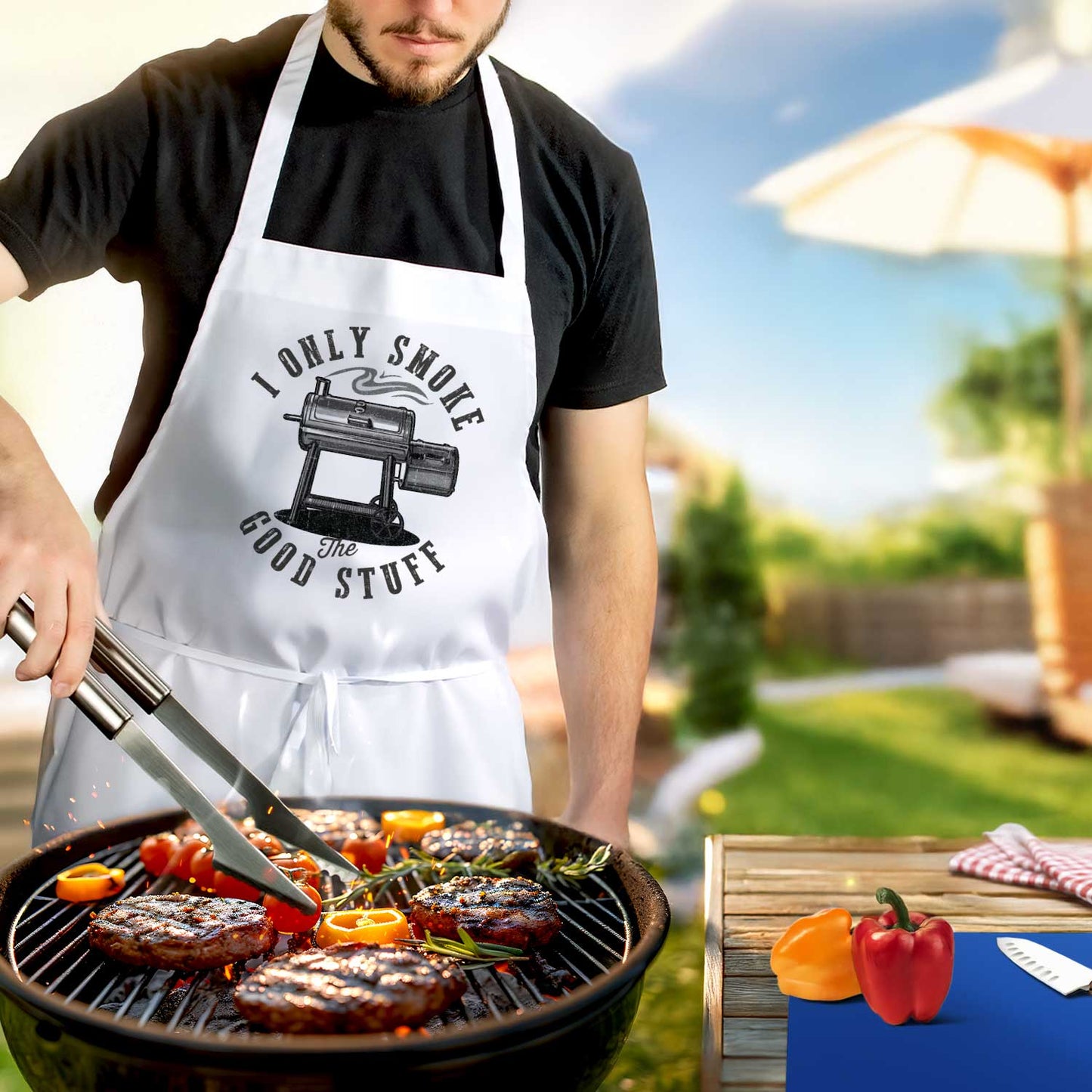 Counterart Only Smoke The Good Stuff Chef Apron with 2-Pack Blue Cutting Board Mats BPA & PVC Free Flexible Plastic