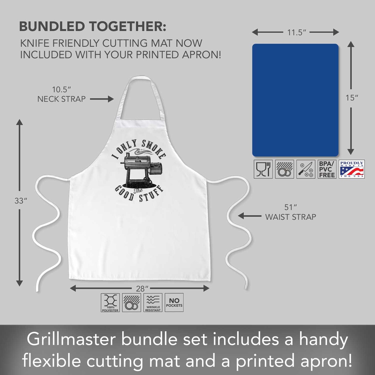 Counterart Only Smoke The Good Stuff Chef Apron with 2-Pack Blue Cutting Board Mats BPA & PVC Free Flexible Plastic