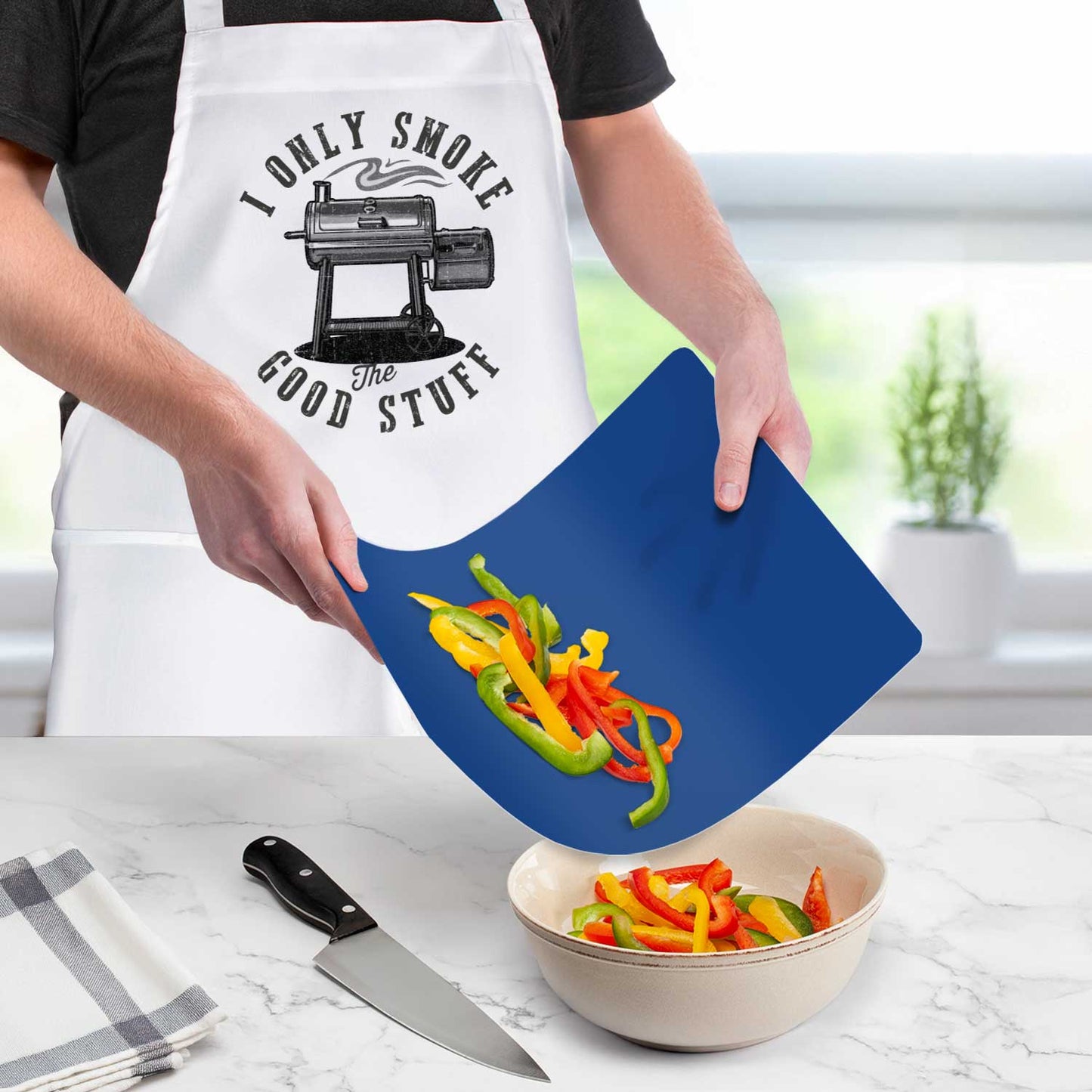 Counterart Only Smoke The Good Stuff Chef Apron with 2-Pack Blue Cutting Board Mats BPA & PVC Free Flexible Plastic