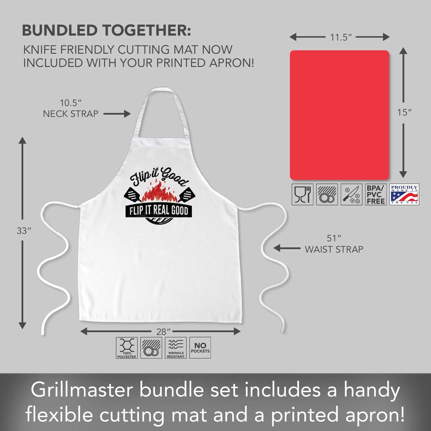 Counterart Flip It Real Good Chef Apron with 2-Pack Red Cutting Board Mats BPA & PVC Free Flexible Plastic