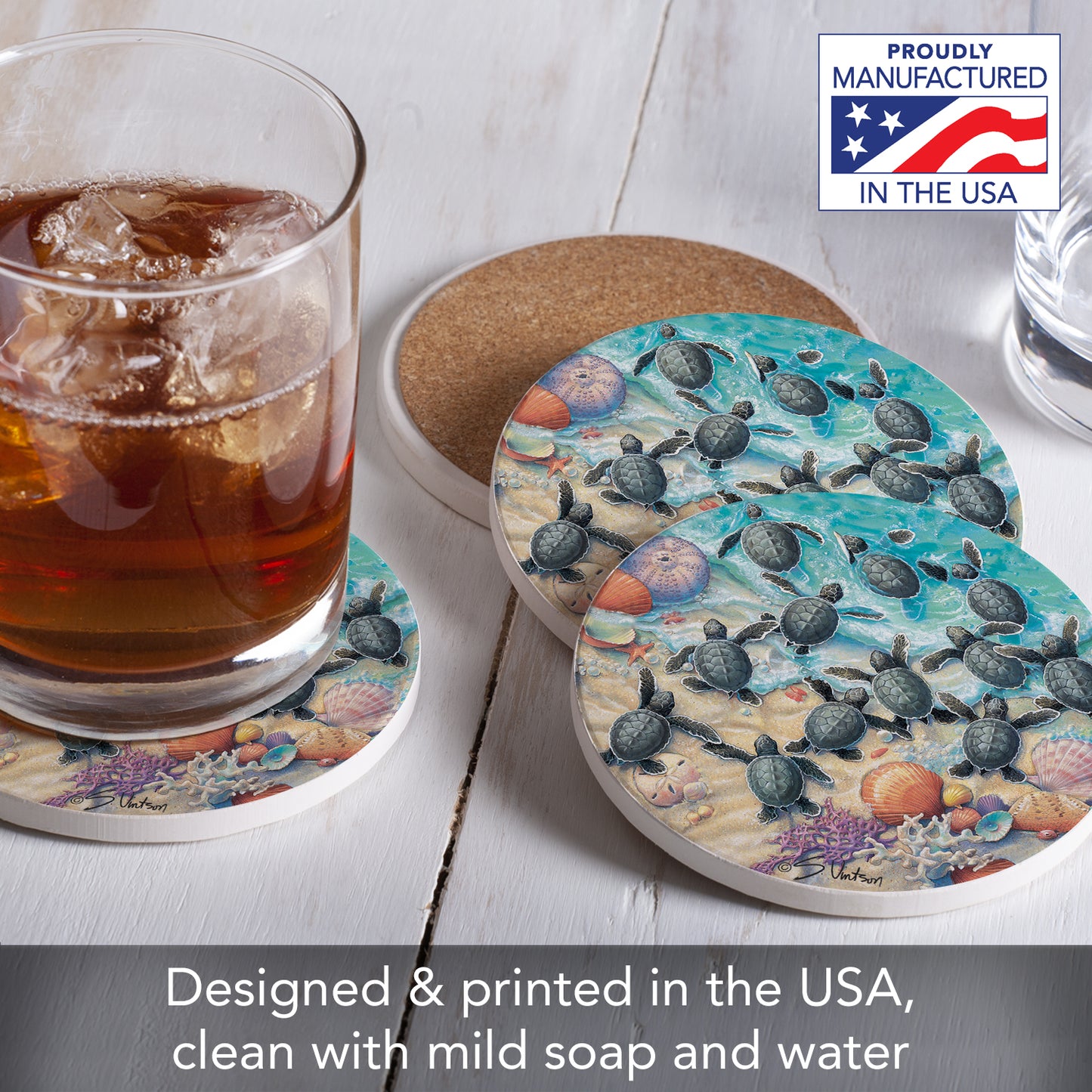 Thirstystone Turtle Hatchlings 4 Pack Round Absorbent Stone Coasters 4" Diameter Manufactured in the USA