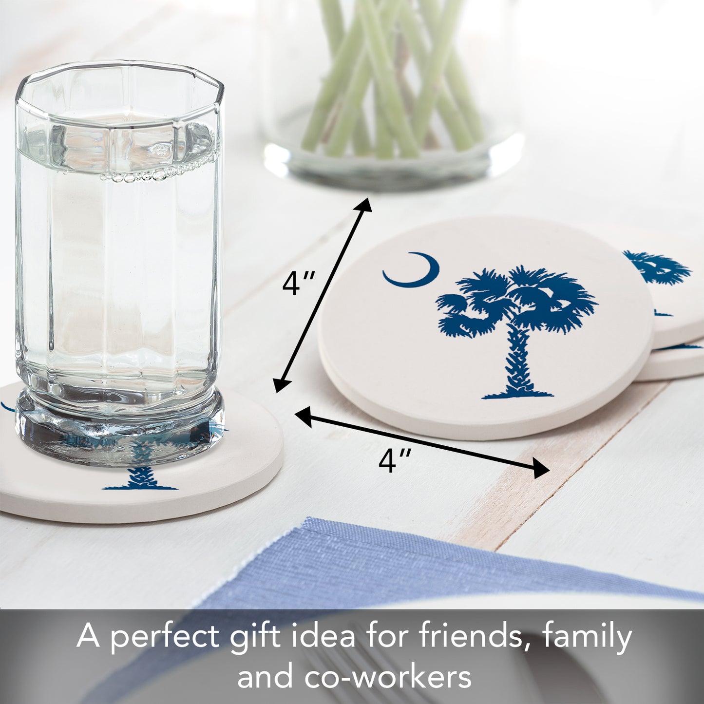 Thirstystone Palmetto Blue 4 Pack Round Absorbent Stone Coasters 4" Diameter