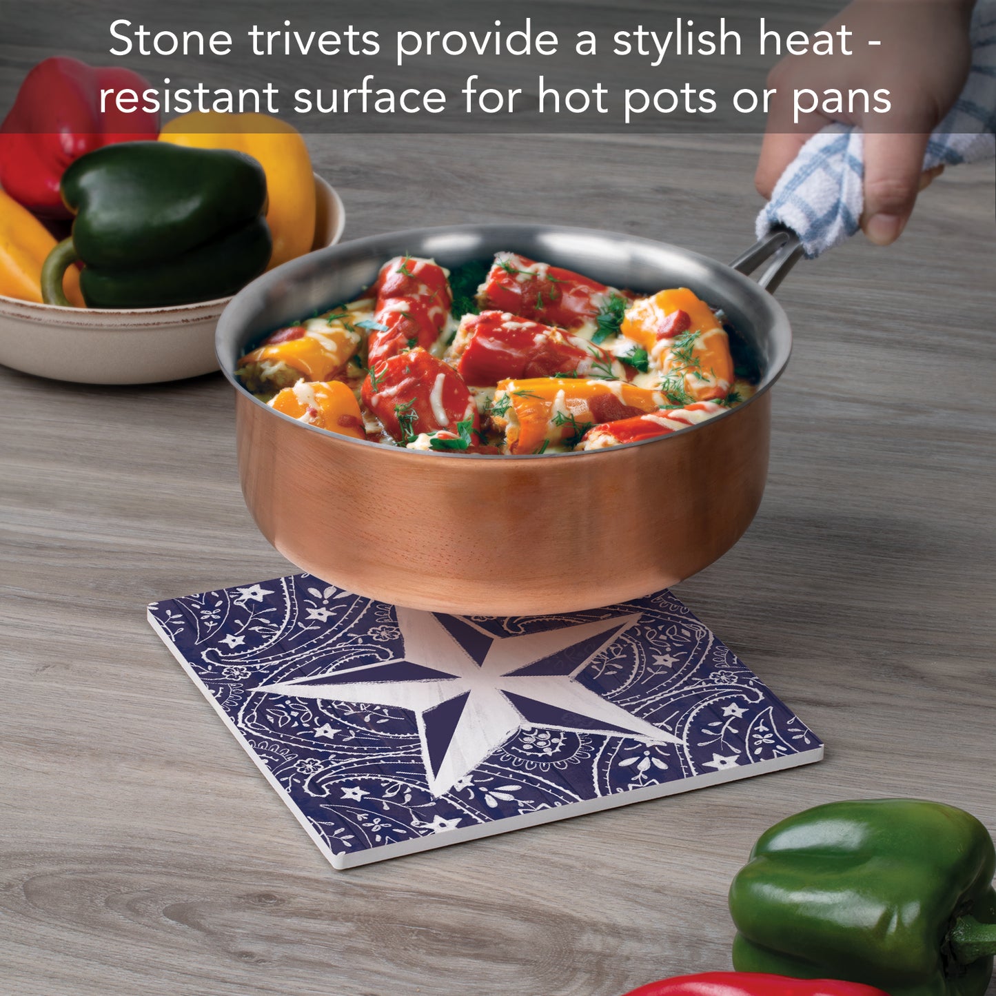 Thirstystone Blue Bandana Decorative Heat Tolerant Stone Trivet with Non-Skid Cork Backing 8” Square