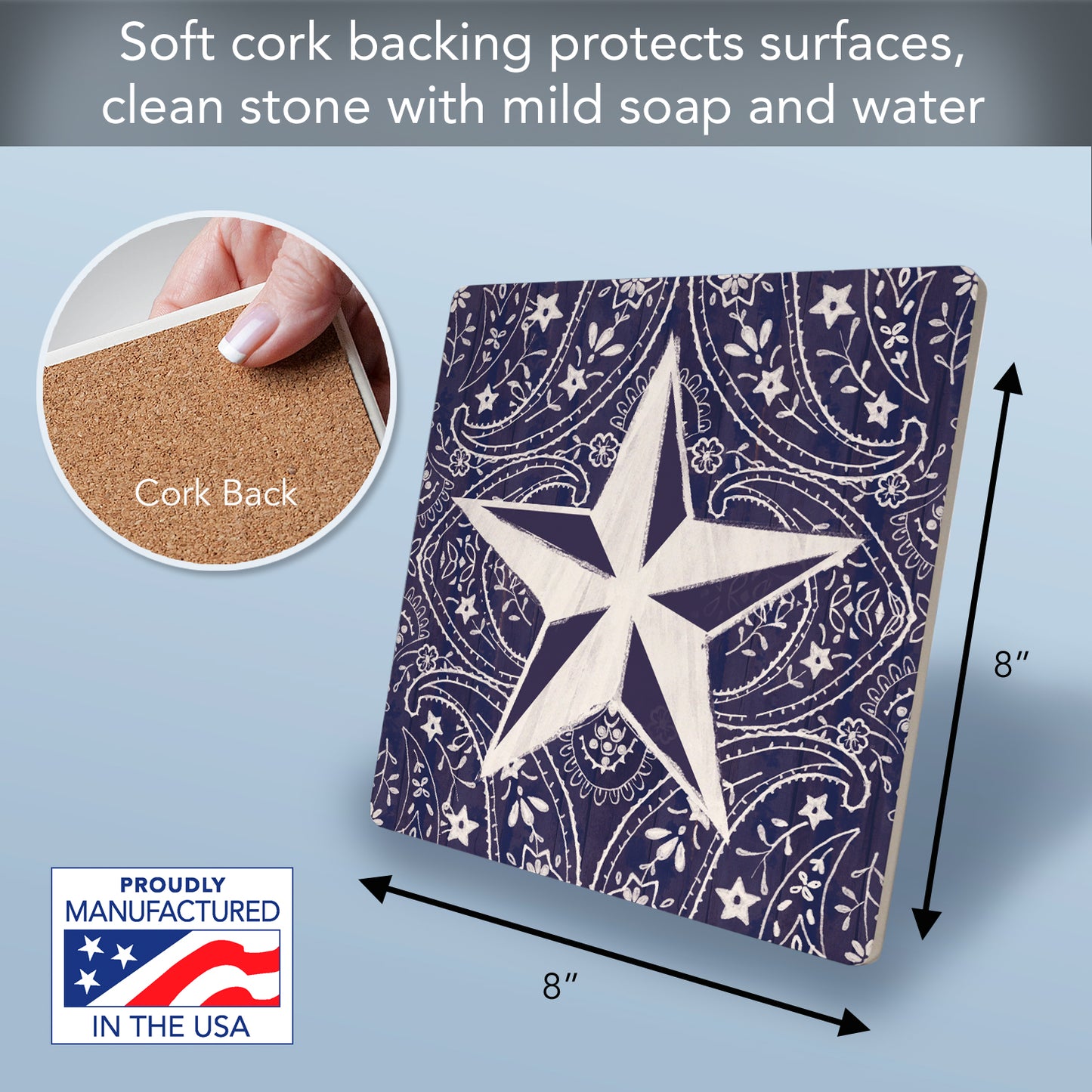 Thirstystone Blue Bandana Decorative Heat Tolerant Stone Trivet with Non-Skid Cork Backing 8” Square