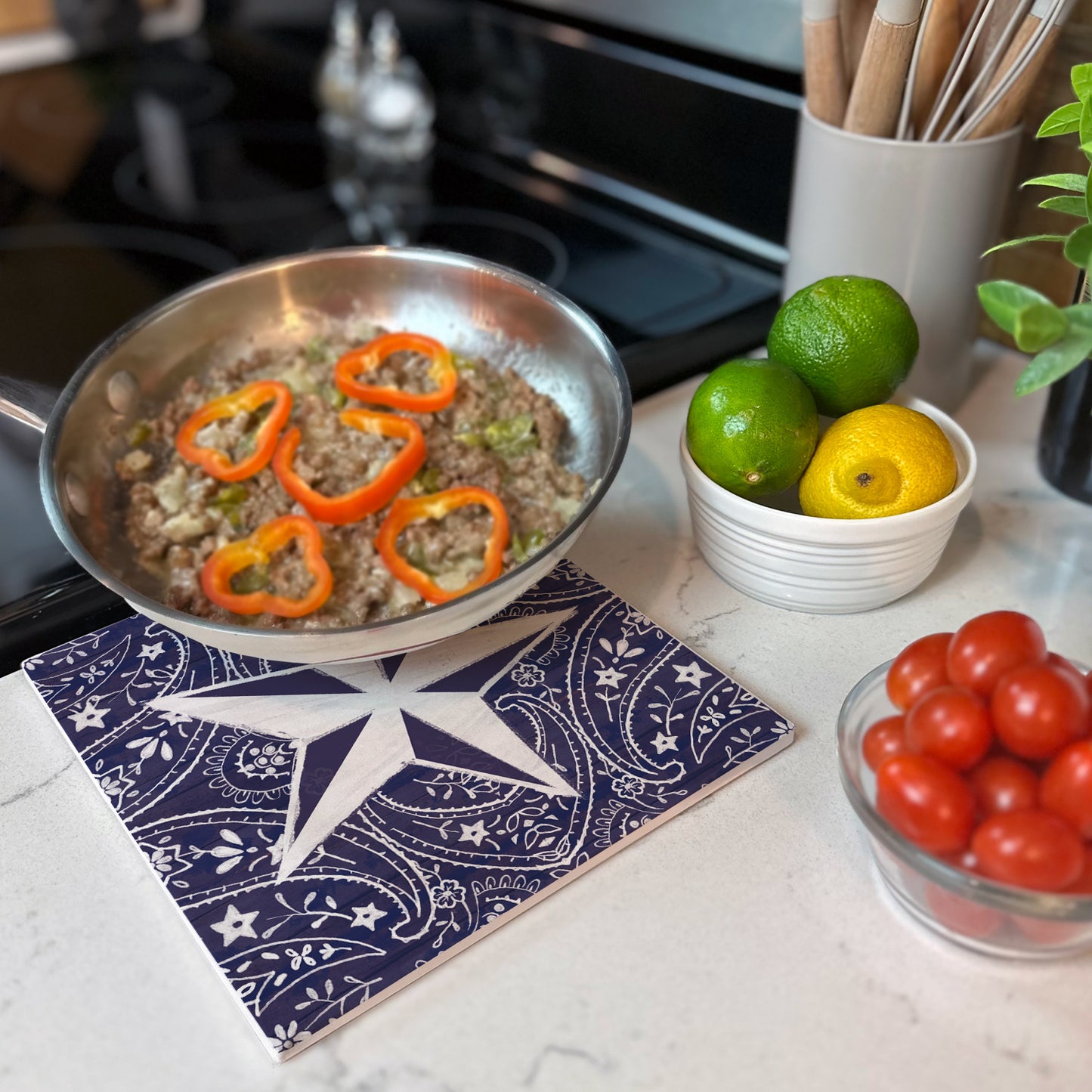 Thirstystone Blue Bandana Decorative Heat Tolerant Stone Trivet with Non-Skid Cork Backing 8” Square