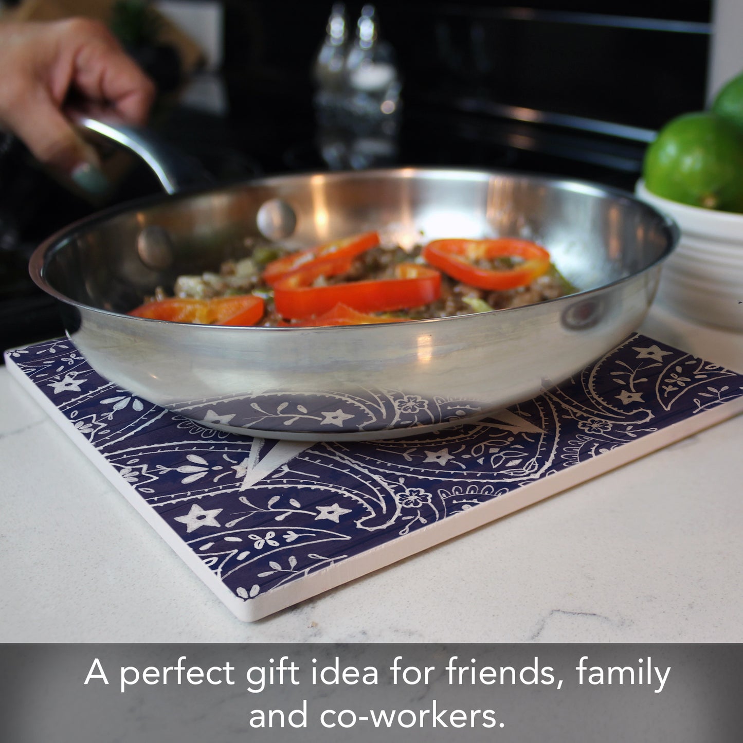 Thirstystone Blue Bandana Decorative Heat Tolerant Stone Trivet with Non-Skid Cork Backing 8” Square