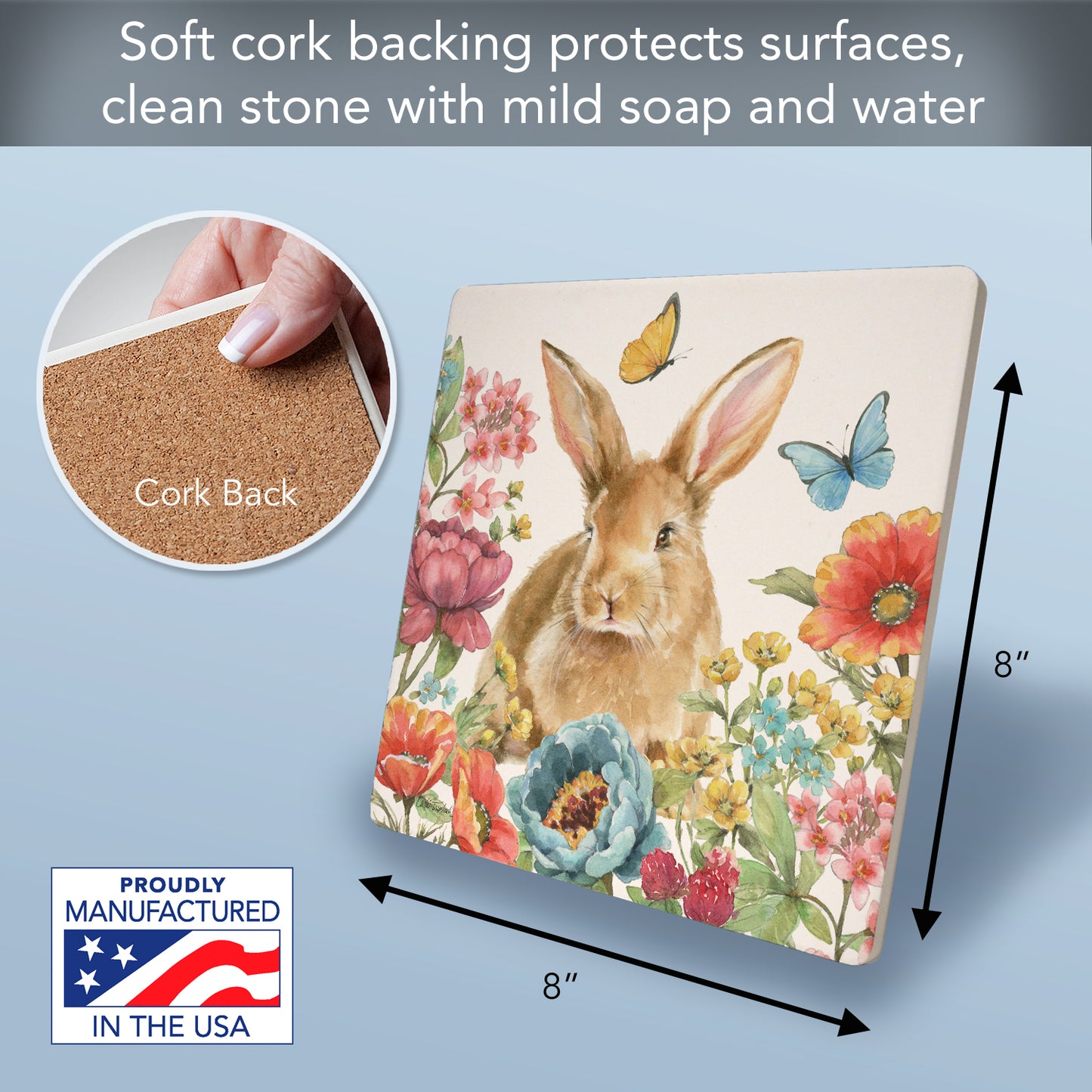 Thirstystone Garden Bunny Decorative Heat Tolerant Stone Trivet with Non-Skid Cork Backing 8” Square