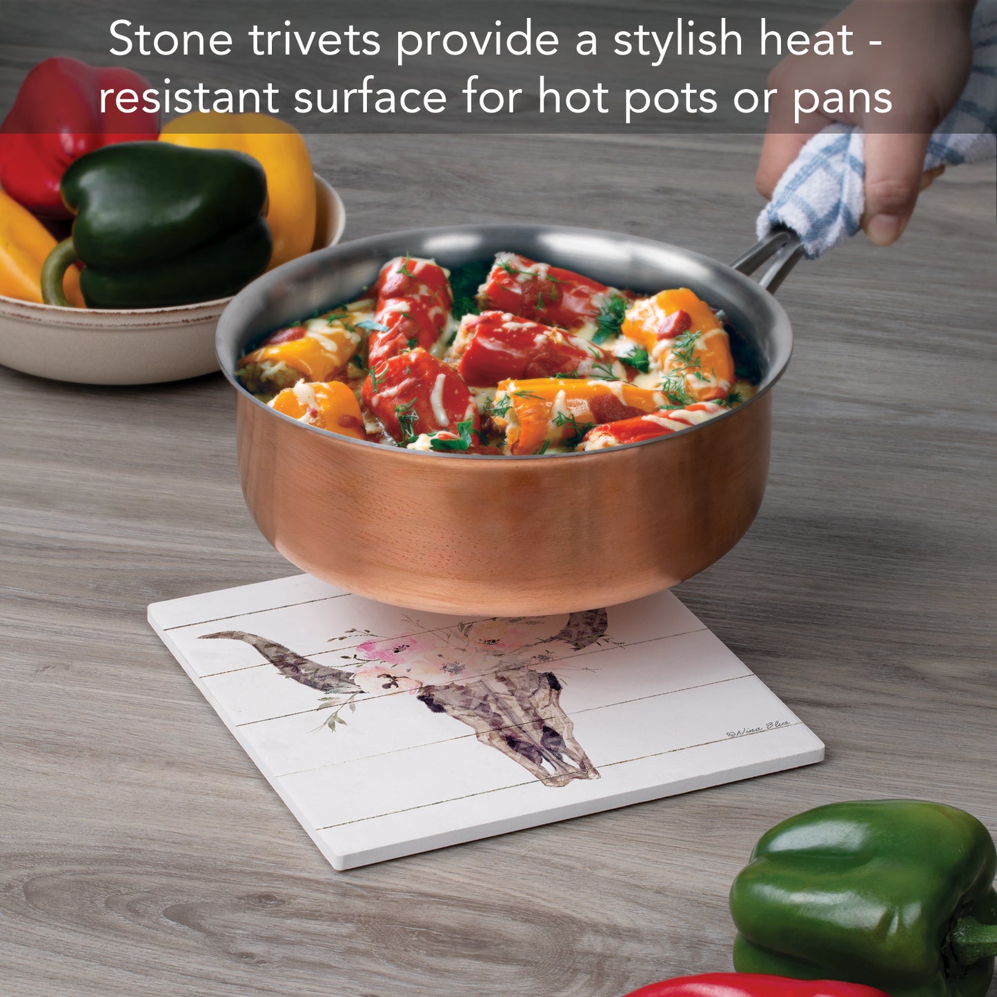 Thirstystone Desert Skull Decorative Heat Tolerant Stone Trivet with Non-Skid Cork Backing 8” Square