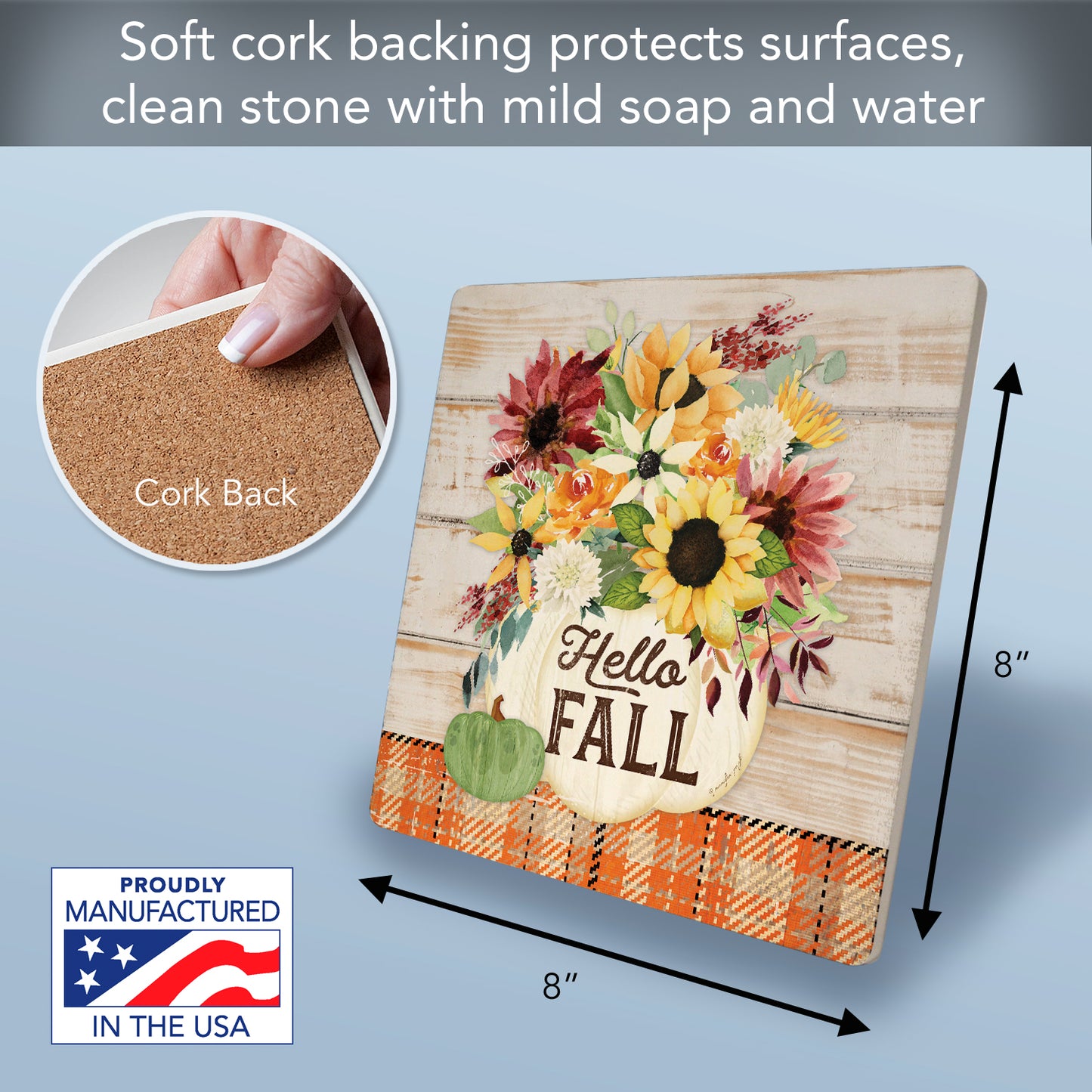 Thirstystone Hello Fall Heat Tolerant Stone Trivet with Non-Skid Cork Backing 8” Square