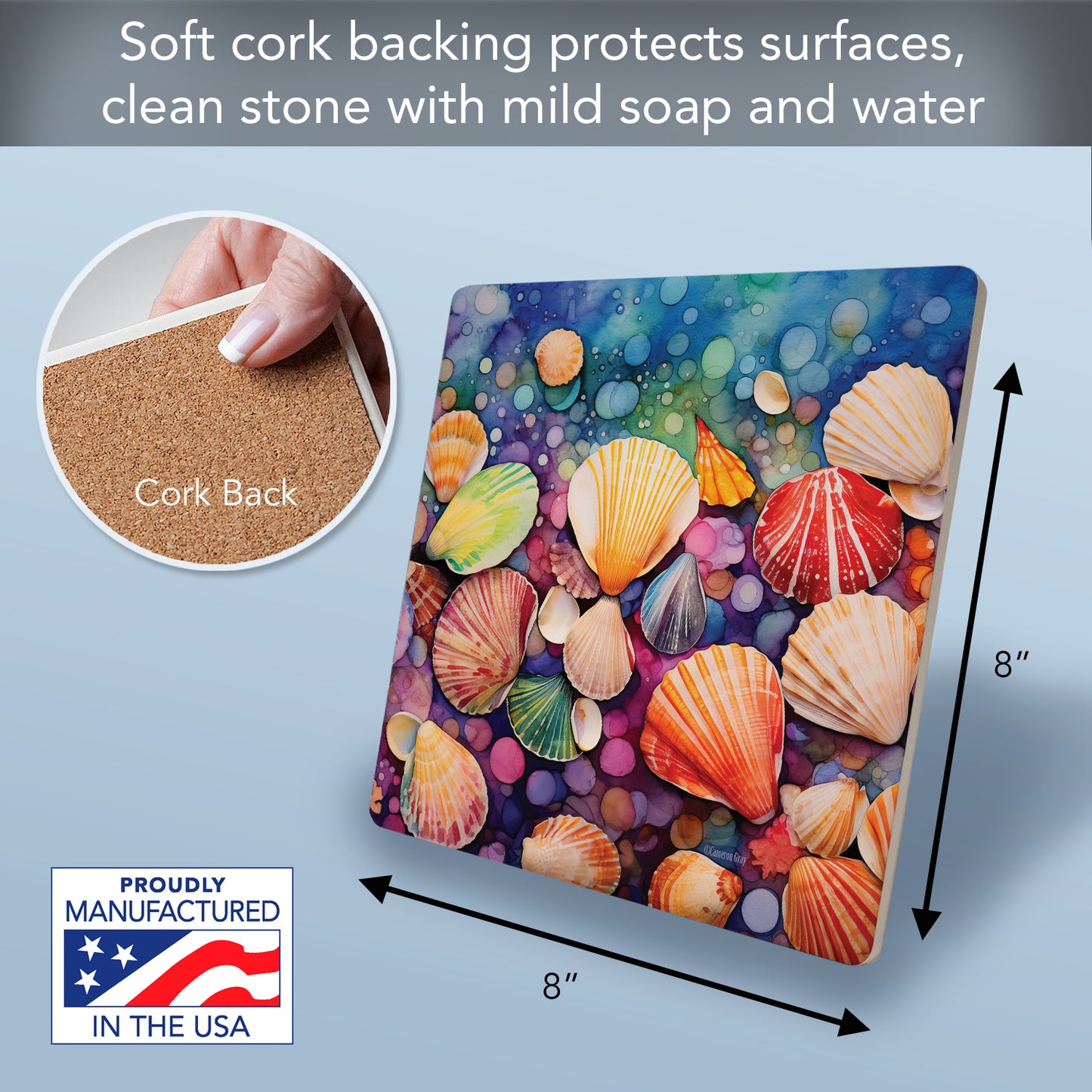 Thirstystone Bright Shells Decorative Heat Tolerant Stone Trivet with Non-Skid Cork Backing 8” Square