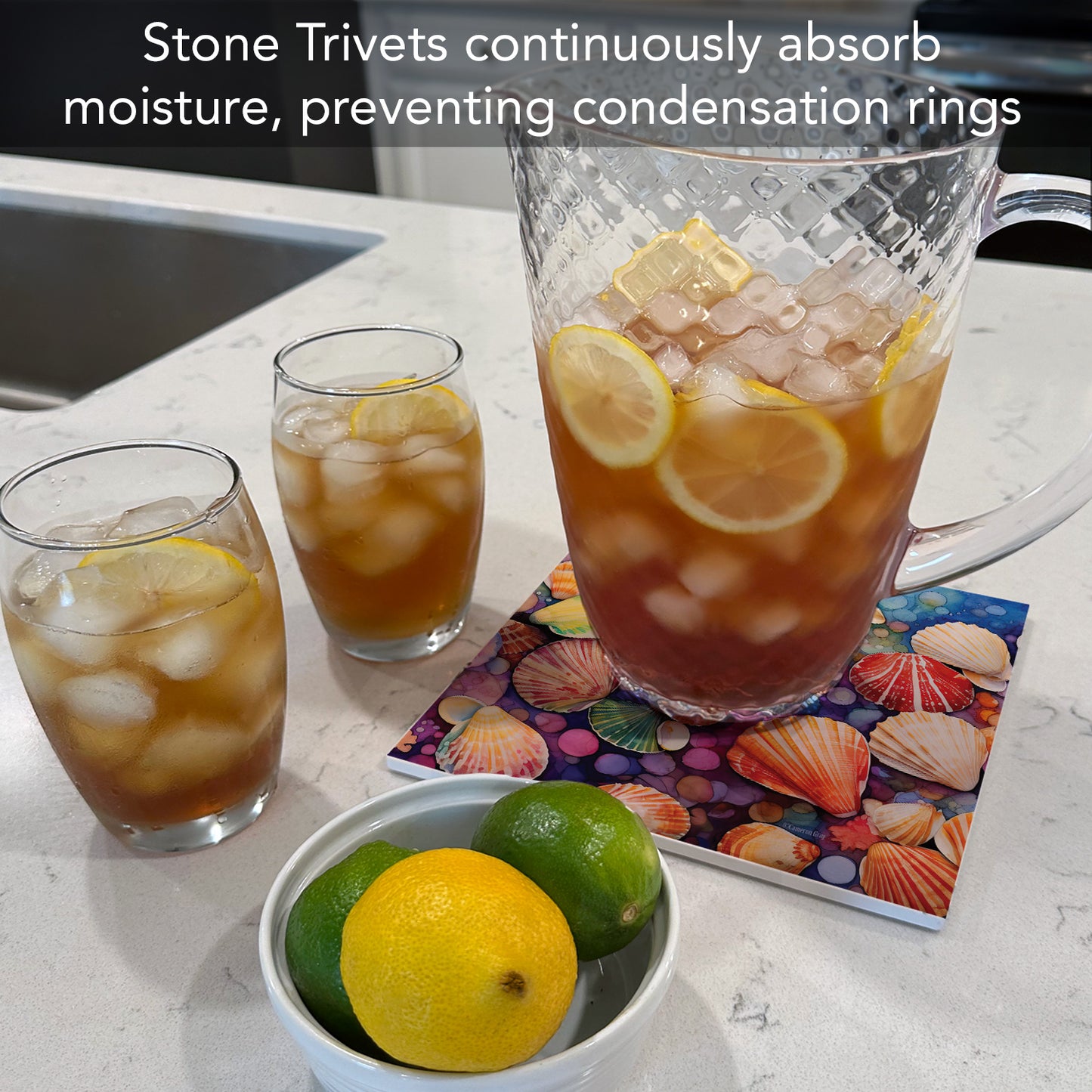 Thirstystone Bright Shells Decorative Heat Tolerant Stone Trivet with Non-Skid Cork Backing 8” Square