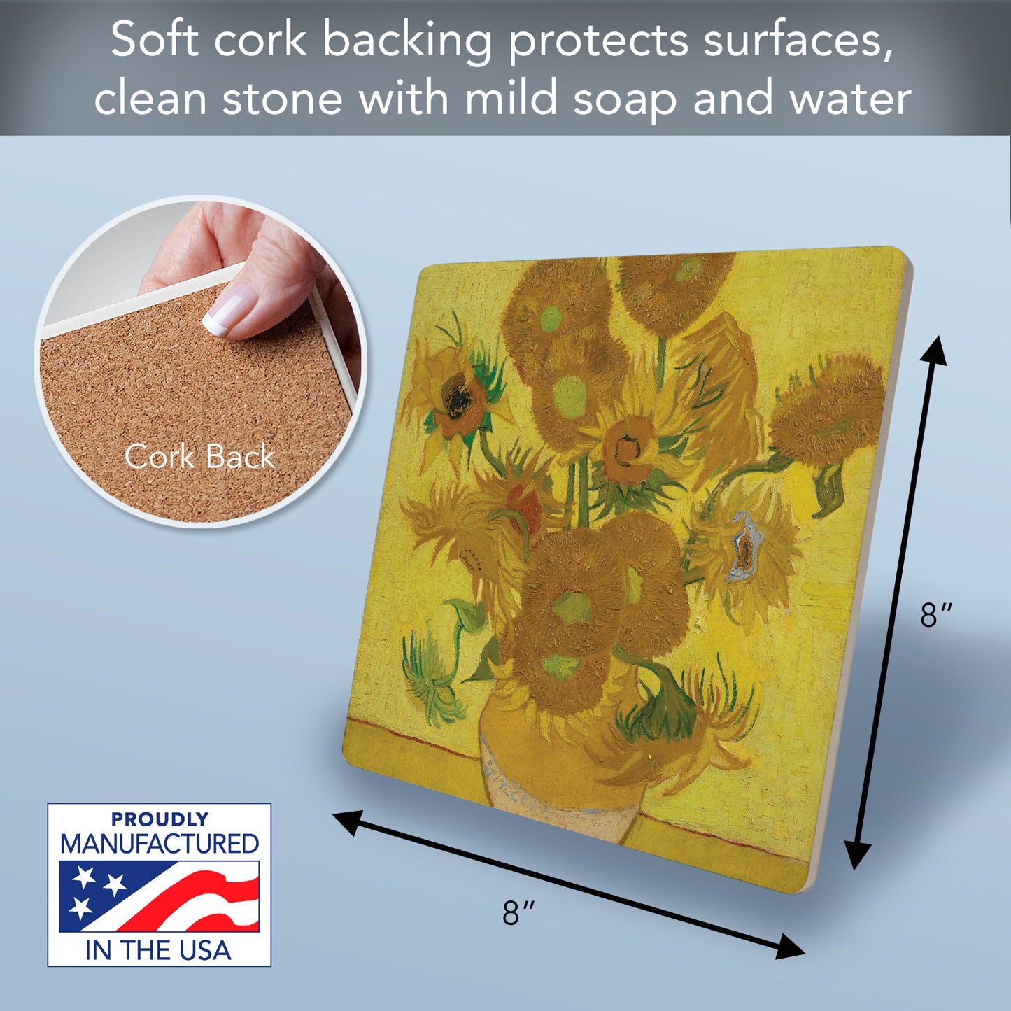 Thirstystone Van Gogh Sunflowers Decorative Heat Tolerant Stone Trivet with Non-Skid Cork Backing 8” Square Artistic, Durable, Easily Wipes Clean