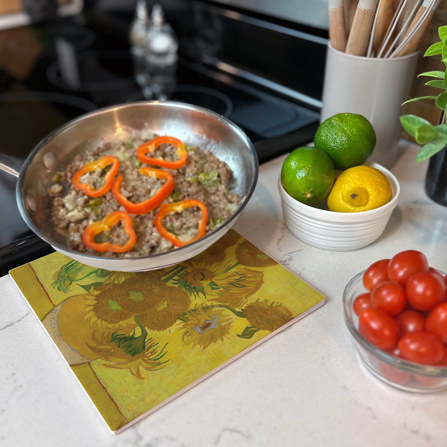 Thirstystone Van Gogh Sunflowers Decorative Heat Tolerant Stone Trivet with Non-Skid Cork Backing 8” Square Artistic, Durable, Easily Wipes Clean