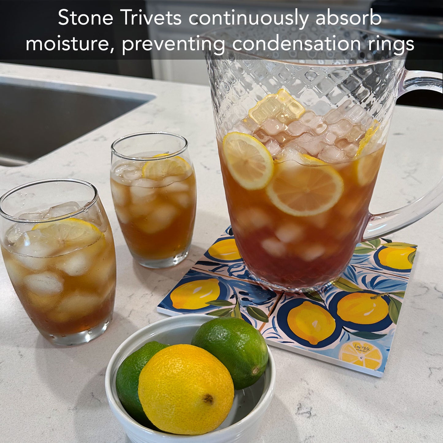 Thirstystone Cucina Al Limone Decorative Heat Tolerant Stone Trivet with Non-Skid Cork Backing 8” Square