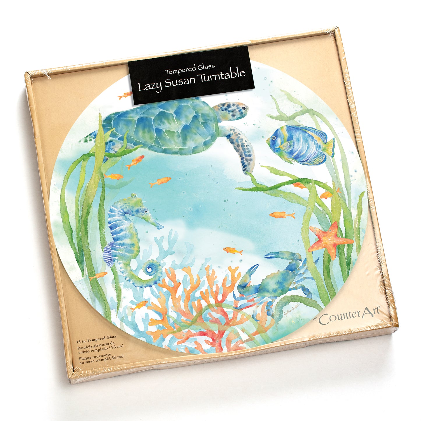 CounterArt Sea Life Serenade 4mm Tempered Glass Lazy Susan Turntable 13" Diameter