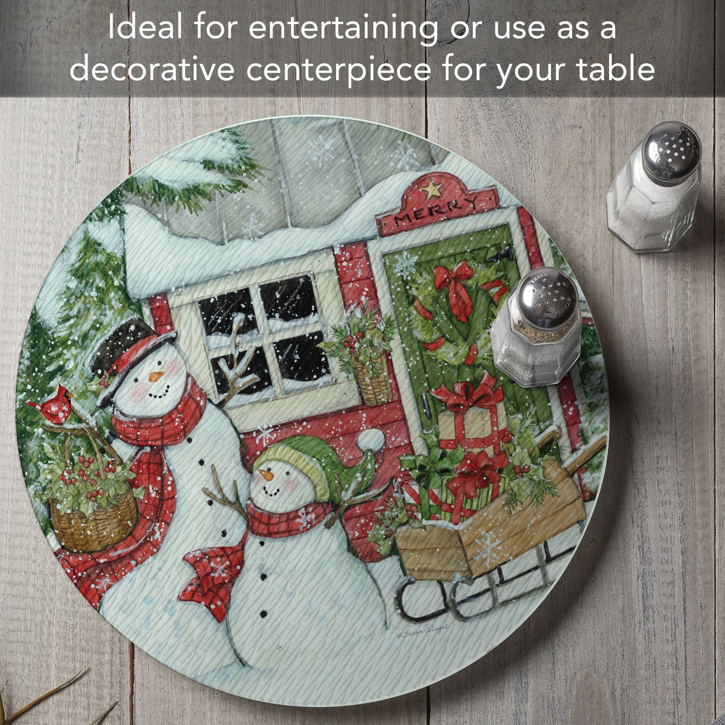 CounterArt Snowman's Farmhouse 4mm Tempered Glass Lazy Susan Turntable 13" Diameter