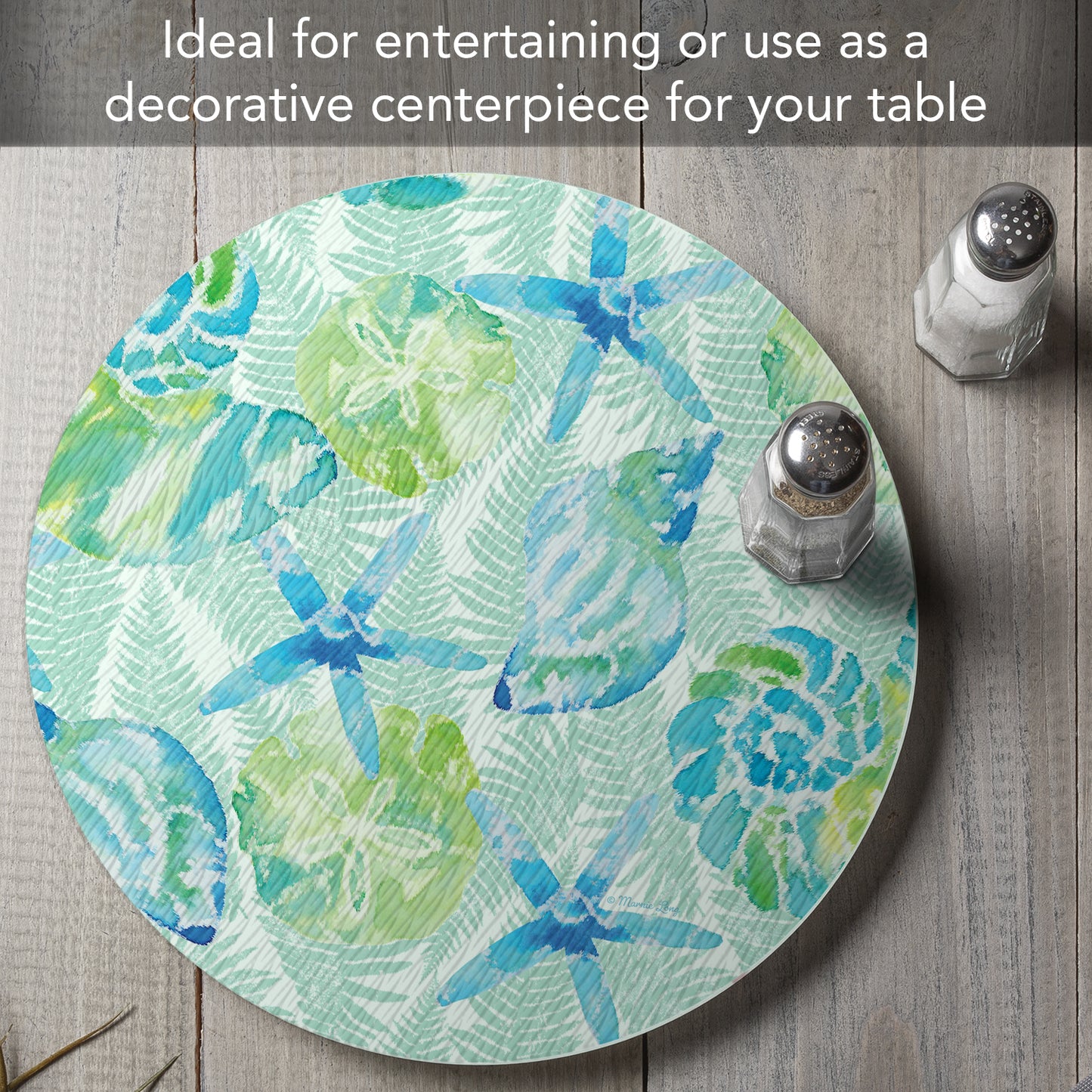 CounterArt Isla Mona Coastal 4mm Tempered Glass Lazy Susan Turntable 13" Diameter