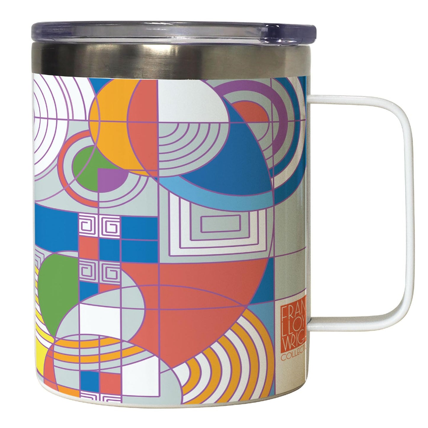 Highland Home Hoffman Rug Design by Frank Lloyd Wright on Stainless Steel Mug with Lid 12 oz. Manufactured in the USA