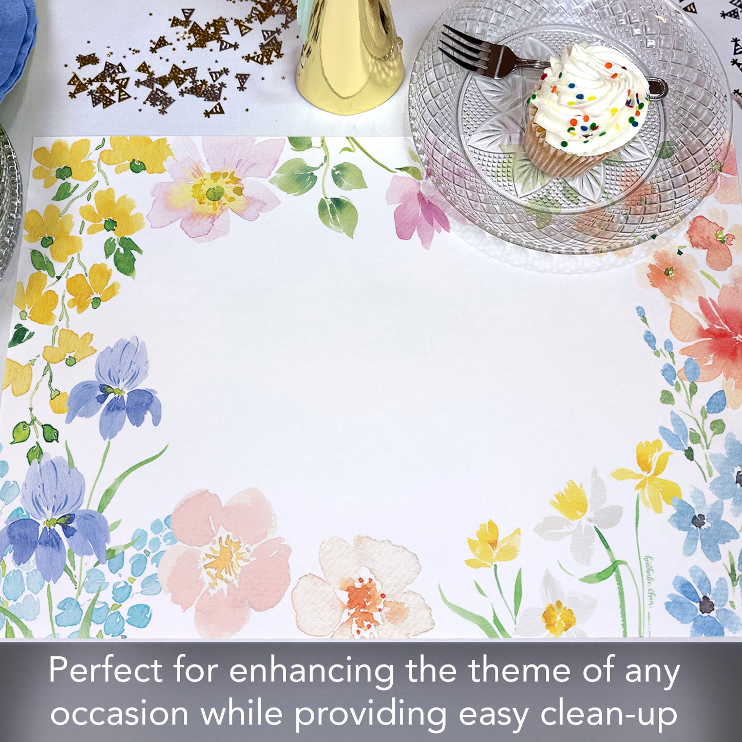 CounterArt Watercolor Florals 24 Premium Paper Placemats in Resealable Storage Bag Made in The USA 17" x 11"