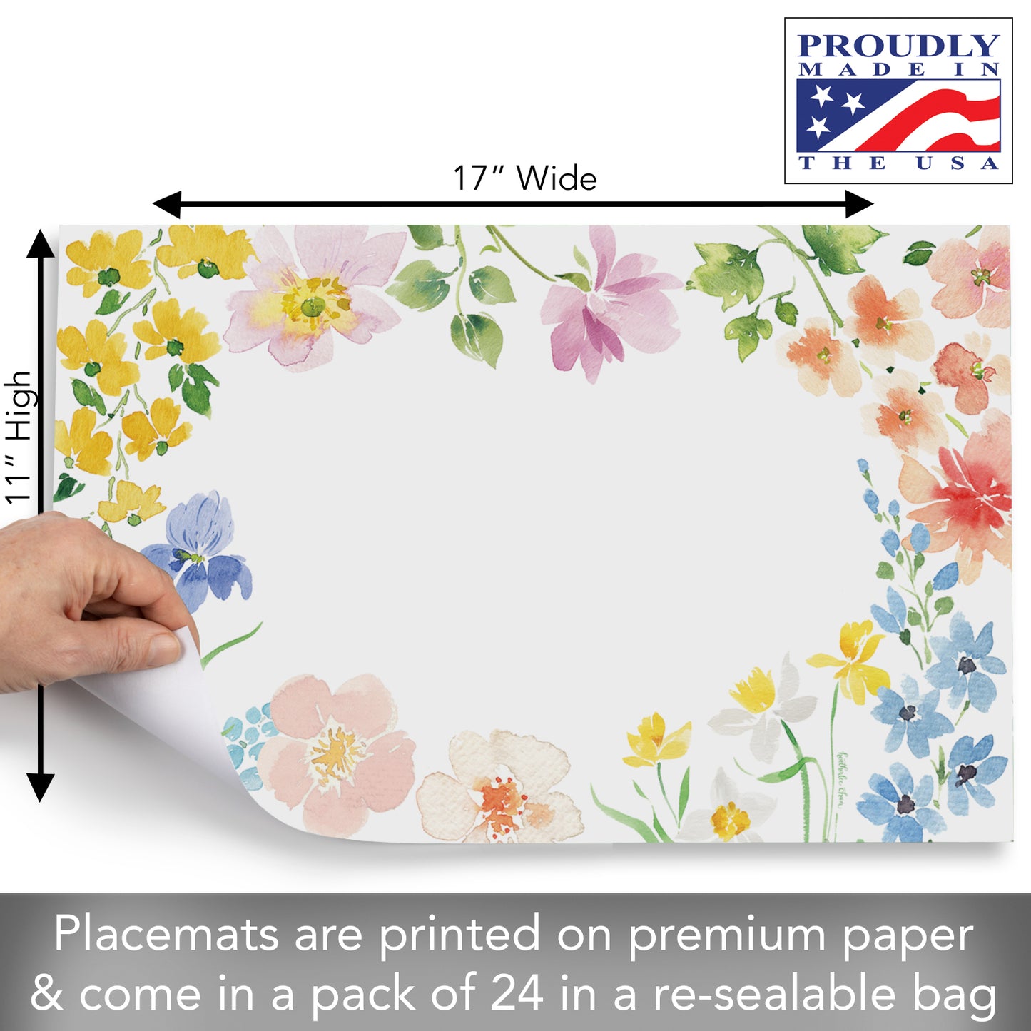 CounterArt Watercolor Florals 24 Premium Paper Placemats in Resealable Storage Bag Made in The USA 17" x 11"