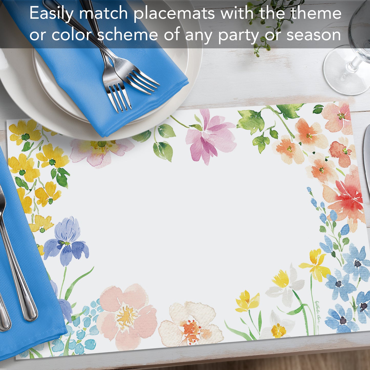 CounterArt Watercolor Florals 24 Premium Paper Placemats in Resealable Storage Bag Made in The USA 17" x 11"
