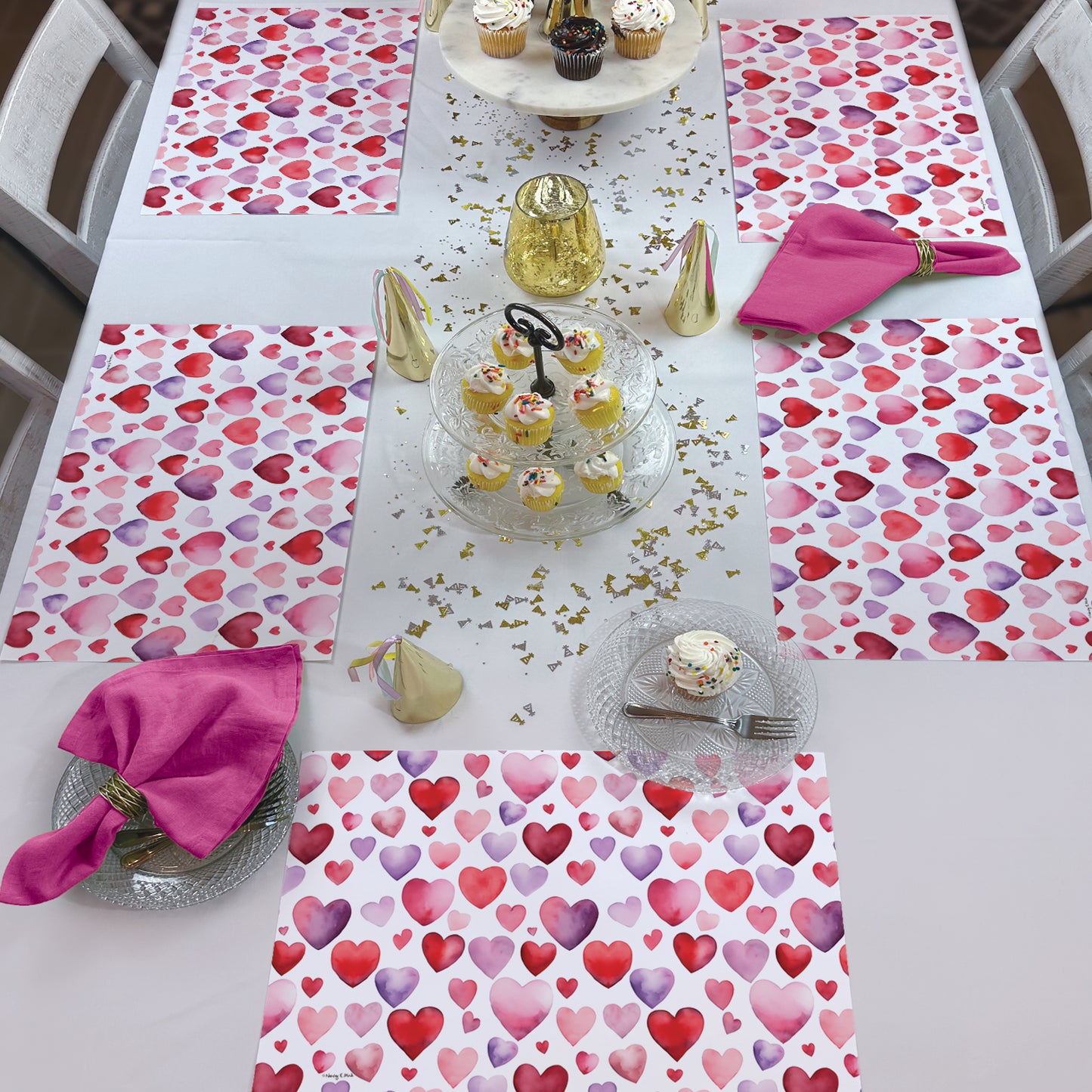 CounterArt Watercolor Hearts 24 Premium Paper Placemats in Resealable Storage Bag Made in The USA