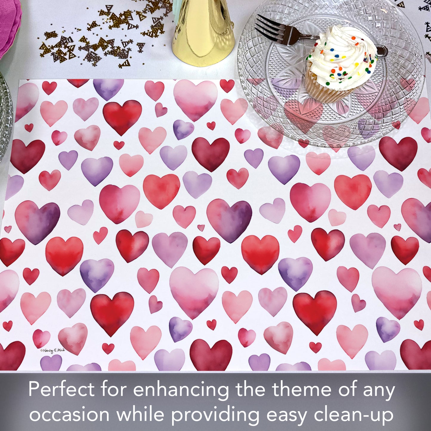 CounterArt Watercolor Hearts 24 Premium Paper Placemats in Resealable Storage Bag Made in The USA