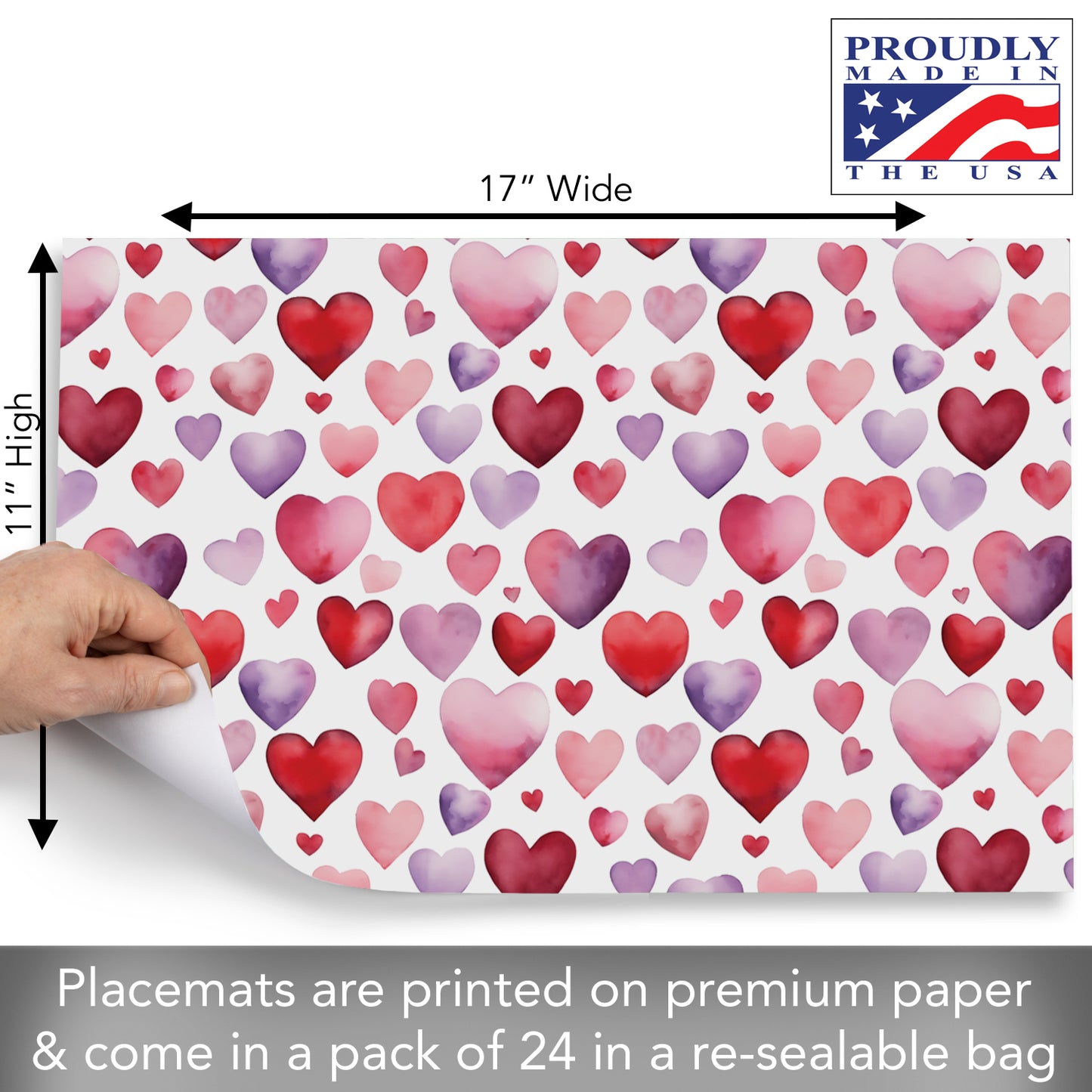 CounterArt Watercolor Hearts 24 Premium Paper Placemats in Resealable Storage Bag Made in The USA