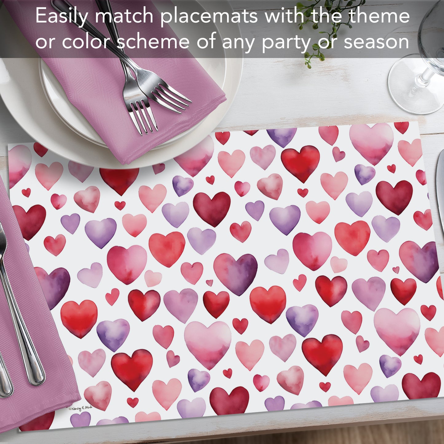CounterArt Watercolor Hearts 24 Premium Paper Placemats in Resealable Storage Bag Made in The USA